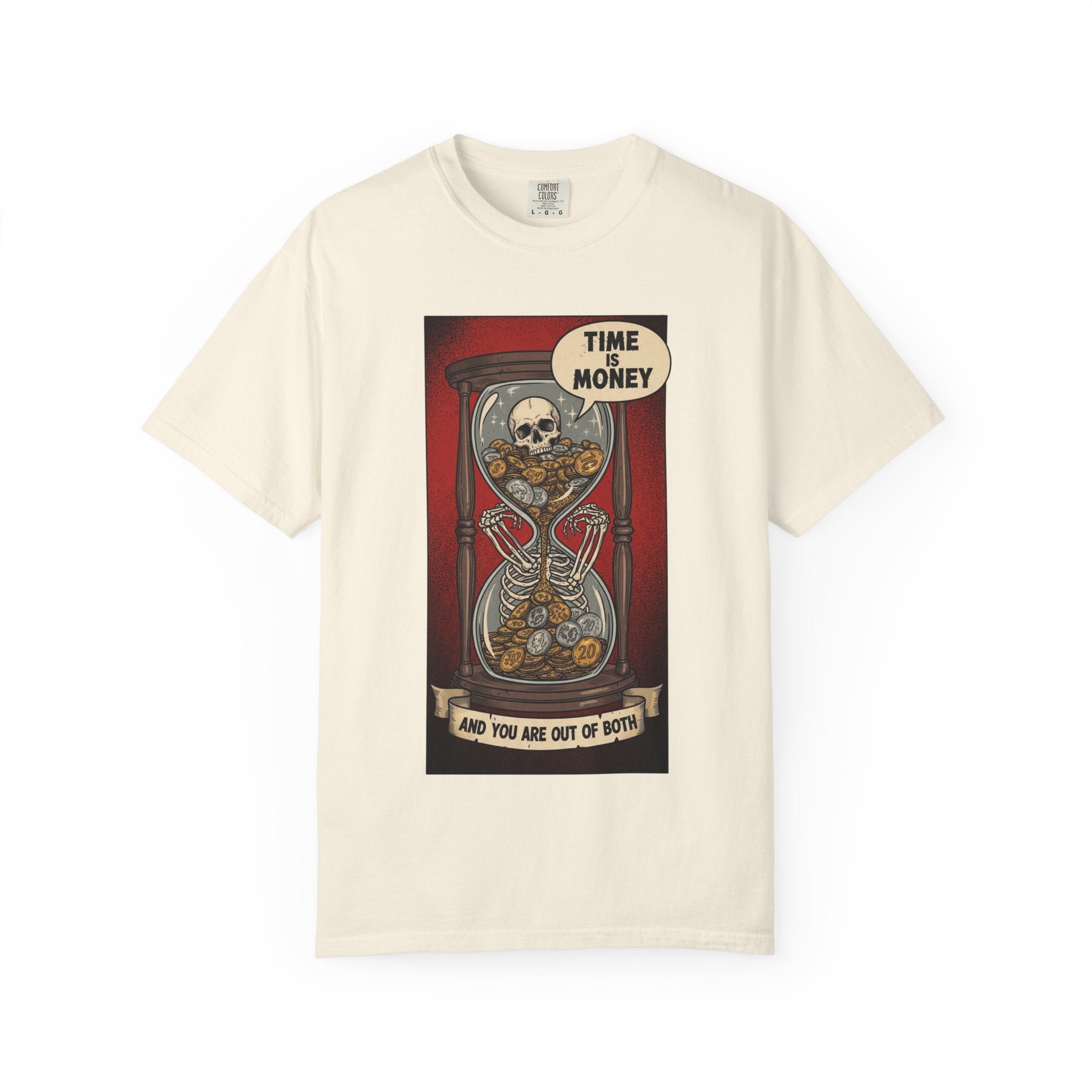 Time is Money and You Are Out of Both Skeleton T-Shirt Vintage Hourglass Skull Graphic Tee Dark Humor Sarcastic Aesthetic Shirt Ivory