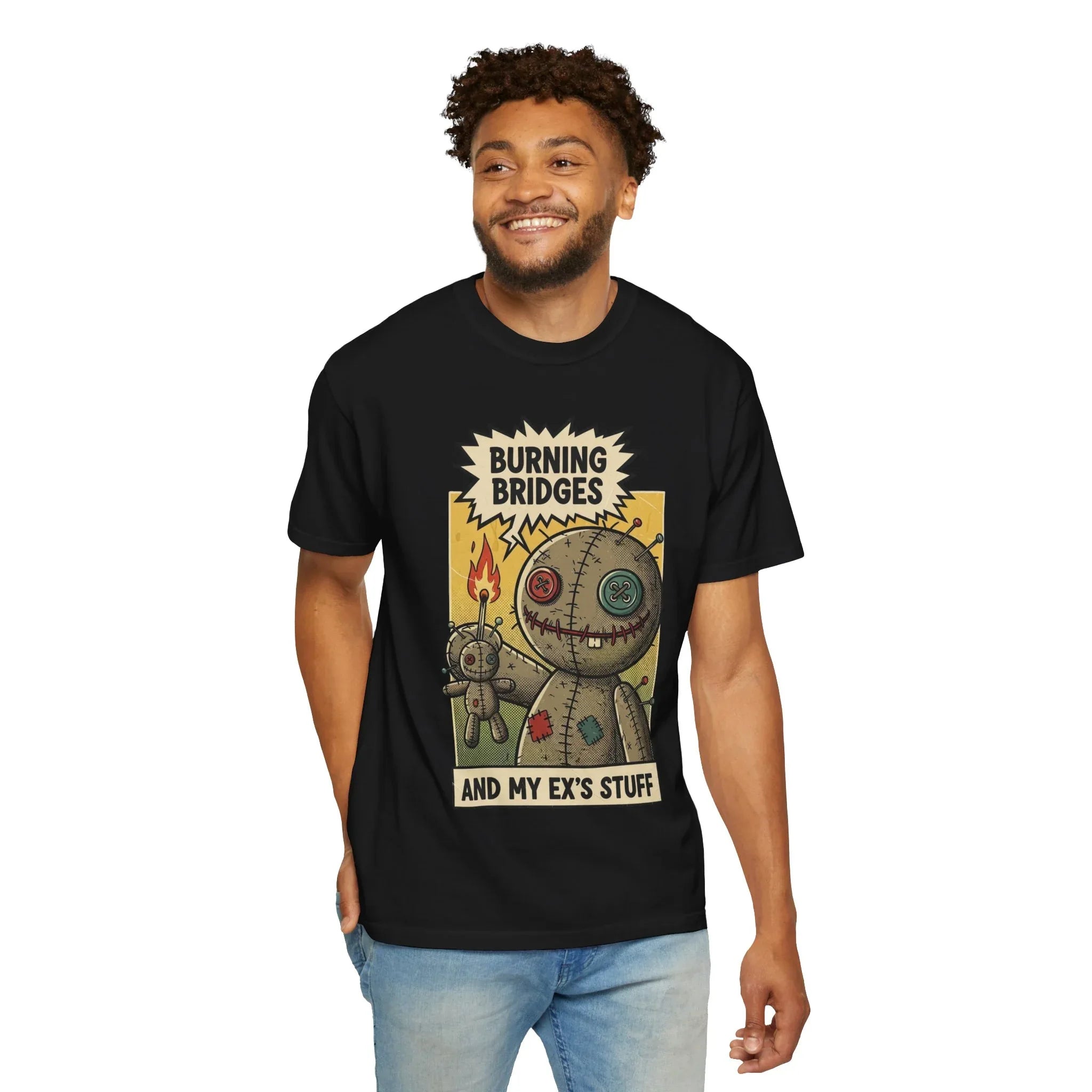 Burning Bridges Funny Breakup Shirt - Vintage Voodoo Doll Graphic Tee - Sarcastic Ex-Relationship T-Shirt - Retro Comic Dark Humor Gift - Mid-Century Aesthetic Streetwear