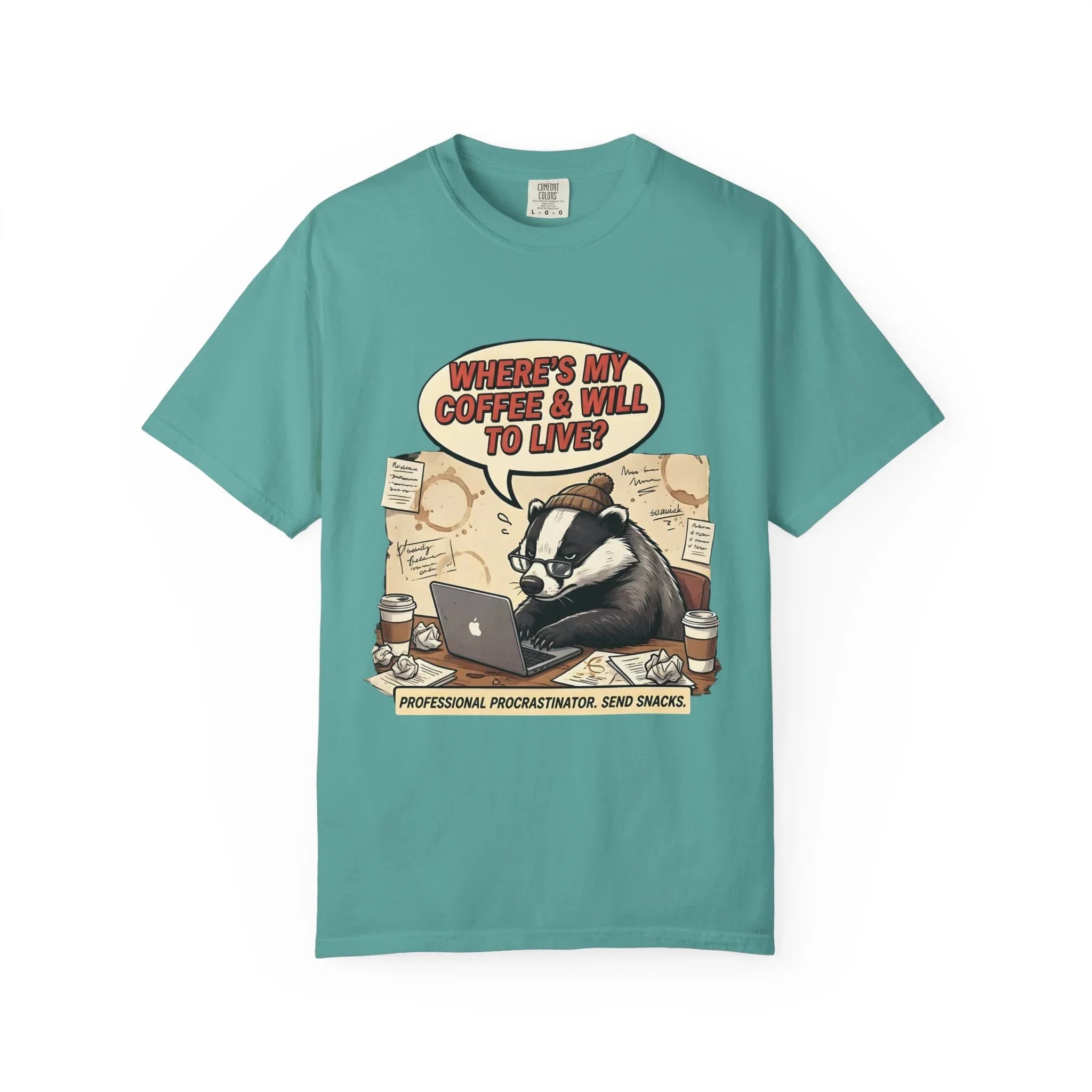Where's My Coffee and Will to Live Badger T-Shirt | Procrastination Coffee Design | Funny Freelancer Gift | Vintage Sarcastic Humor Tee Seafoam