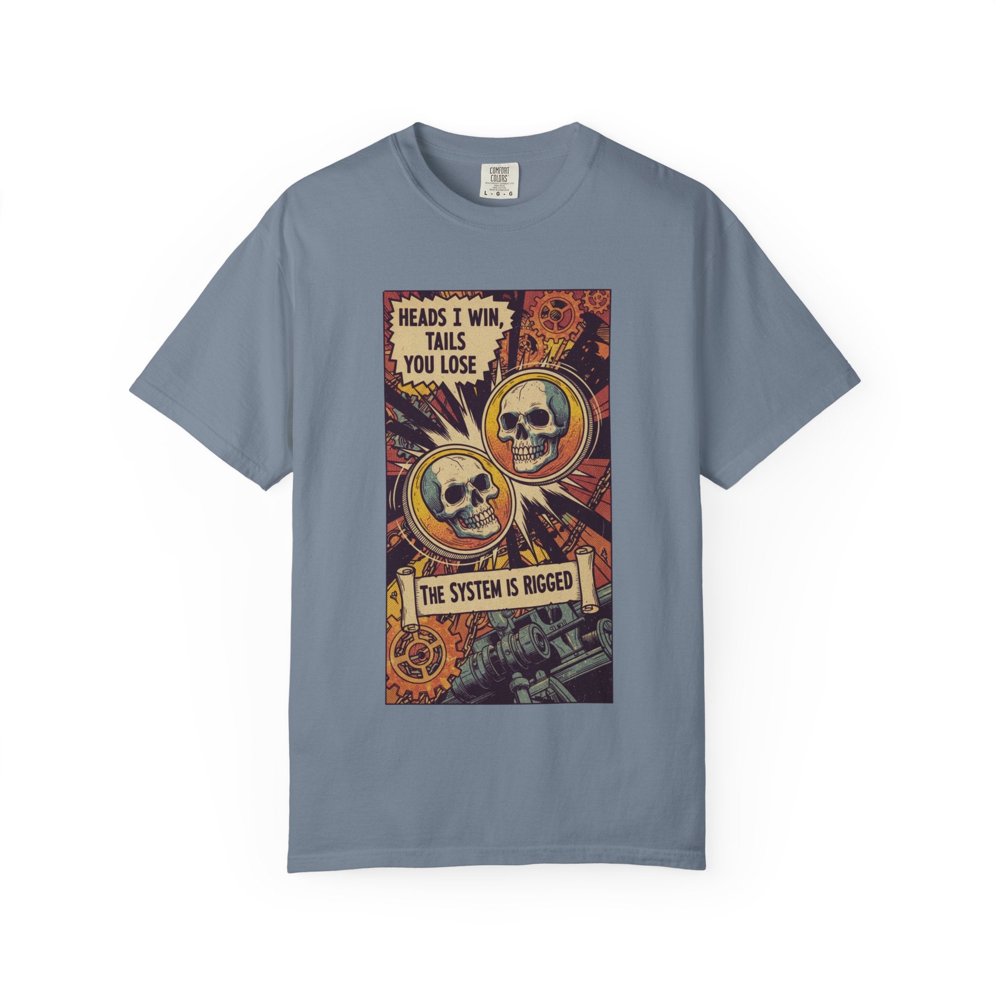 The System Is Rigged T-Shirt - Vintage Satirical Skull Graphic - Dark Humor Chess Pawn Tee - Retro Propaganda Streetwear Blue Jean