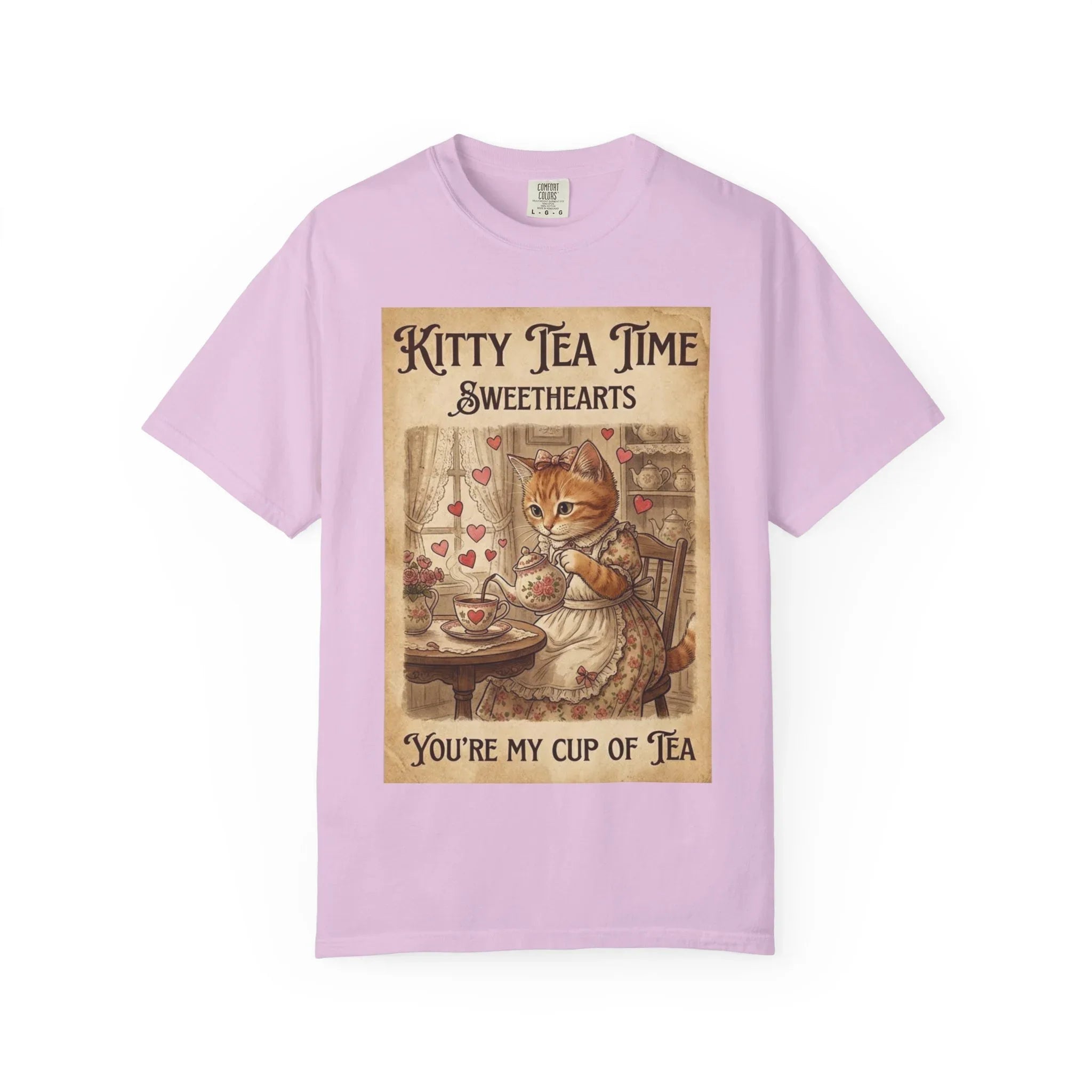 Kitty Tea Time T-Shirt | Vintage Cat Youre My Cup of Tea Graphic Tee | Retro Cozy Cat Lover Gift Shirt Orchid