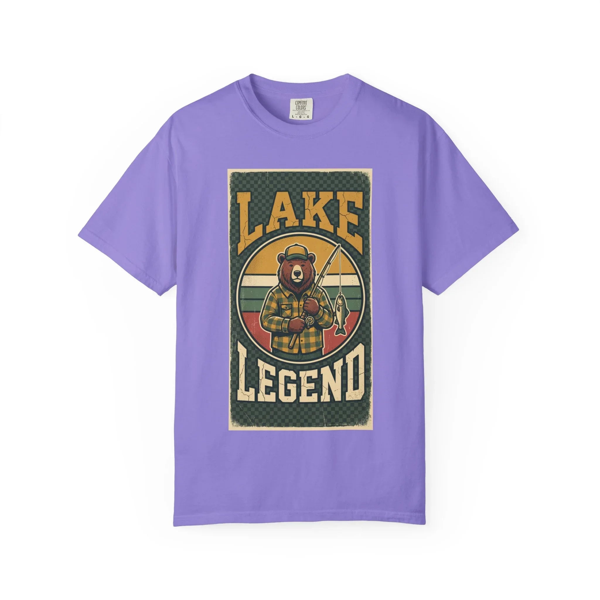 Lake Legend Bear Fishing T-Shirt | Retro Outdoors Graphic Tee | Vintage Cabin Lake Life Shirt | Garment-Dyed Heavyweight Unisex Violet