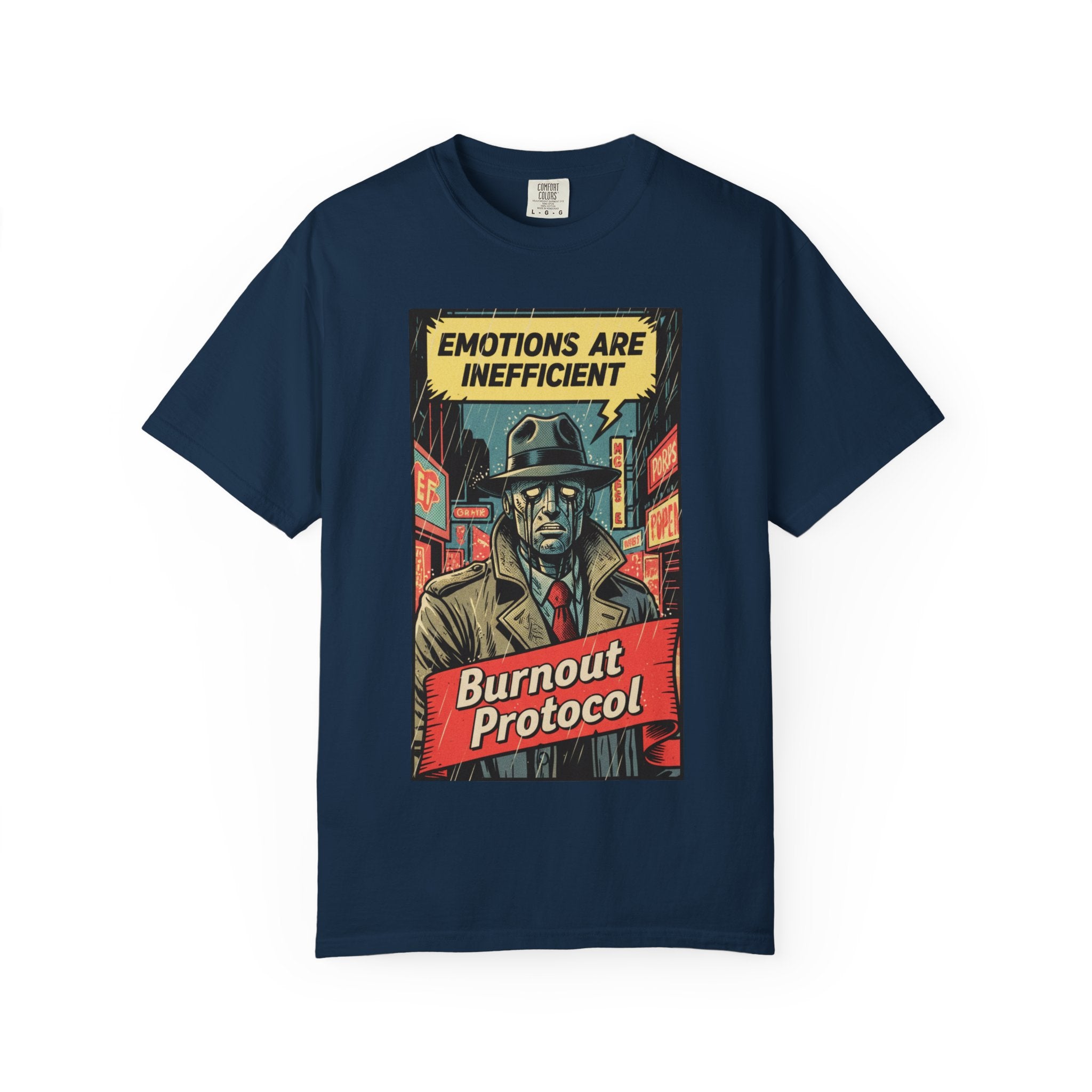 Burnout Protocol Vintage Comic Shirt Retro Robot Detective Graphic Tee Sarcastic Android Art Gift for Tech Workers Software Engineer Noir True Navy