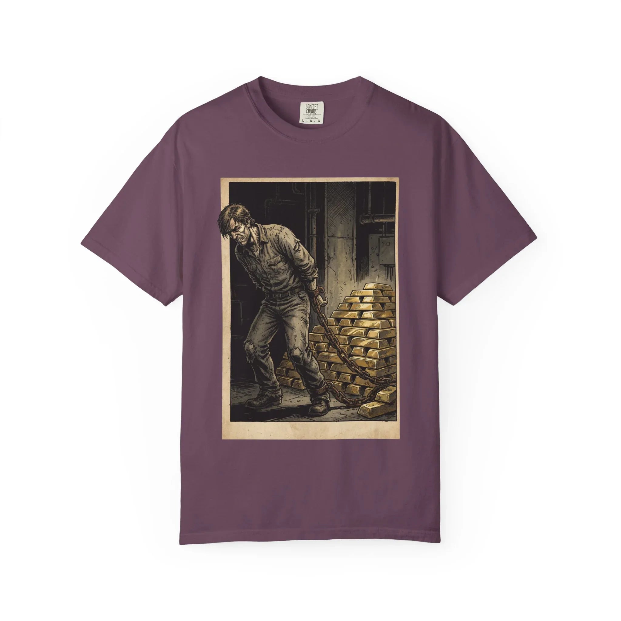 Heavy Gold Chains Satirical Shirt - Gritty Comic Art Tee - "Golden Burden" Wealth Trap Graphic - Vintage Prisoner of Greed Gift - Dark Humor Satire Streetwear Berry