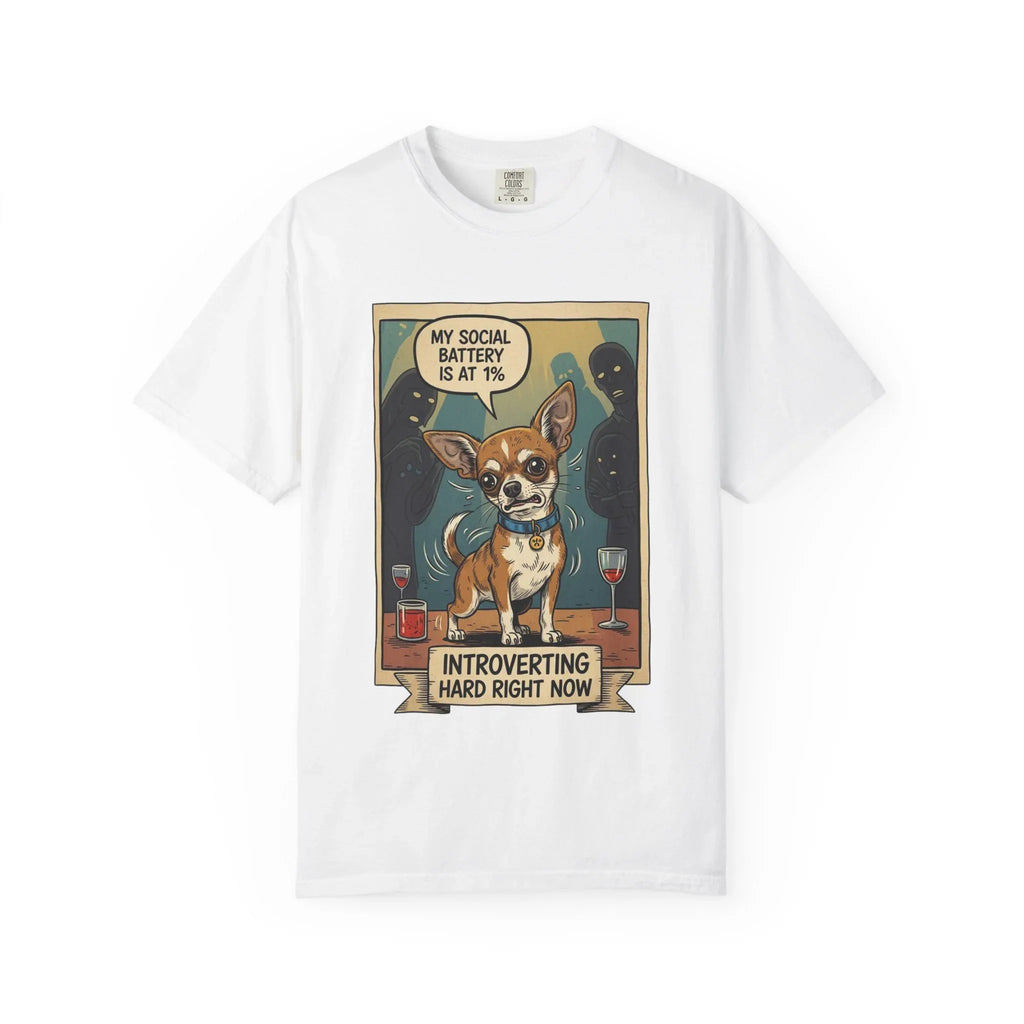 Funny Chihuahua Shirt - "Social Battery 1 Percent" Introvert Tee - Sarcastic Dog Mom Gift - Retro Graphic T-Shirt - Humorous Dog Lover "Introverting Hard" Top