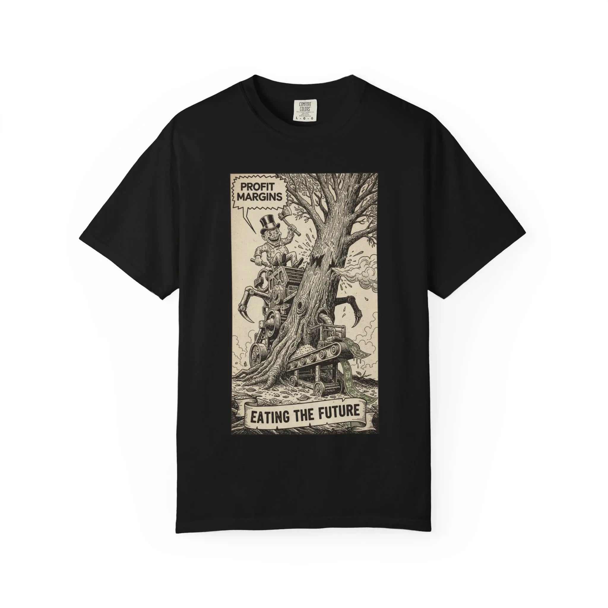 Eating The Future Shirt - Satirical Political Graphic Tee - Vintage Woodcut Eco Activist T-Shirt - Corporate Greed Social Commentary - Environmental Awareness Aesthetic Streetwear Black