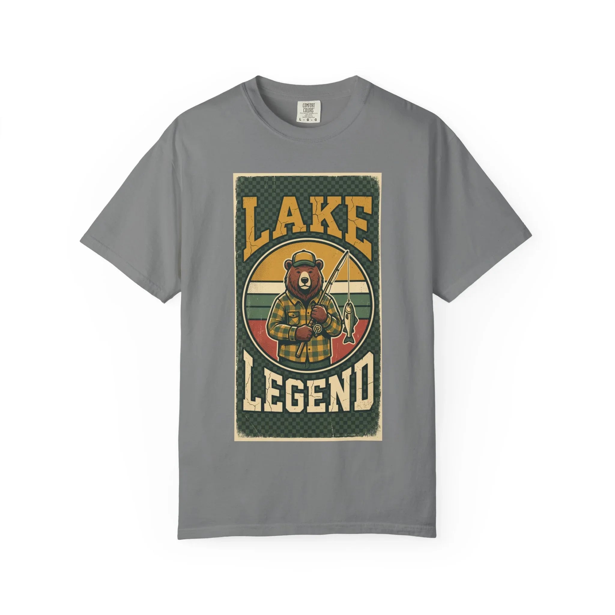 Lake Legend Bear Fishing T-Shirt | Retro Outdoors Graphic Tee | Vintage Cabin Lake Life Shirt | Garment-Dyed Heavyweight Unisex Grey