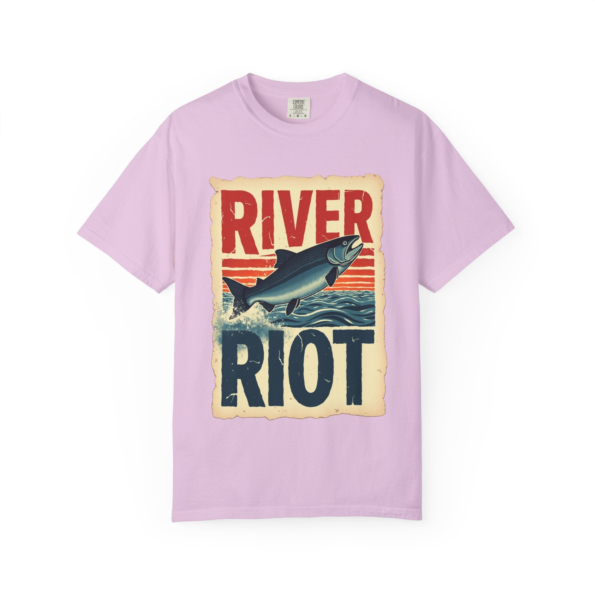 River Riot Salmon T-Shirt, Retro Fishing Graphic Tee, Vintage Fish Poster Design, Leaping Salmon Sunburst Stripes, Unisex Garment-Dyed Orchid