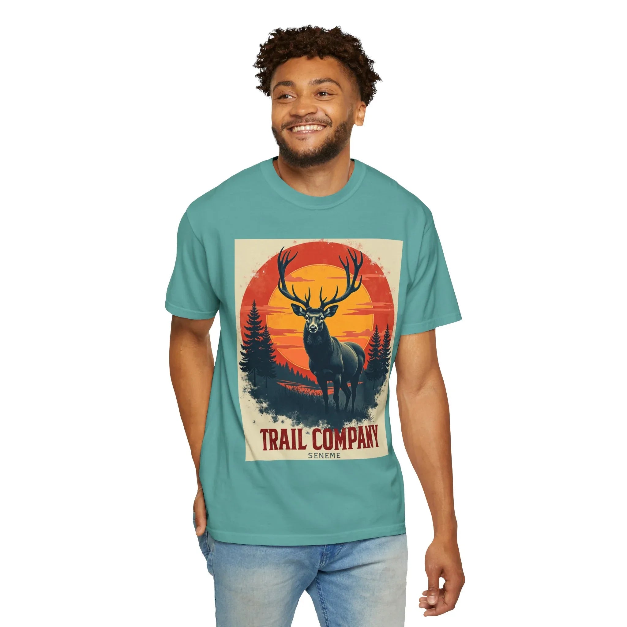 Stag Sunset Trail Company Shirt, Vintage Elk Deer Tee, Retro Sunset Forest T-Shirt, Hiking Camping Cabin Outdoors Gift Seafoam