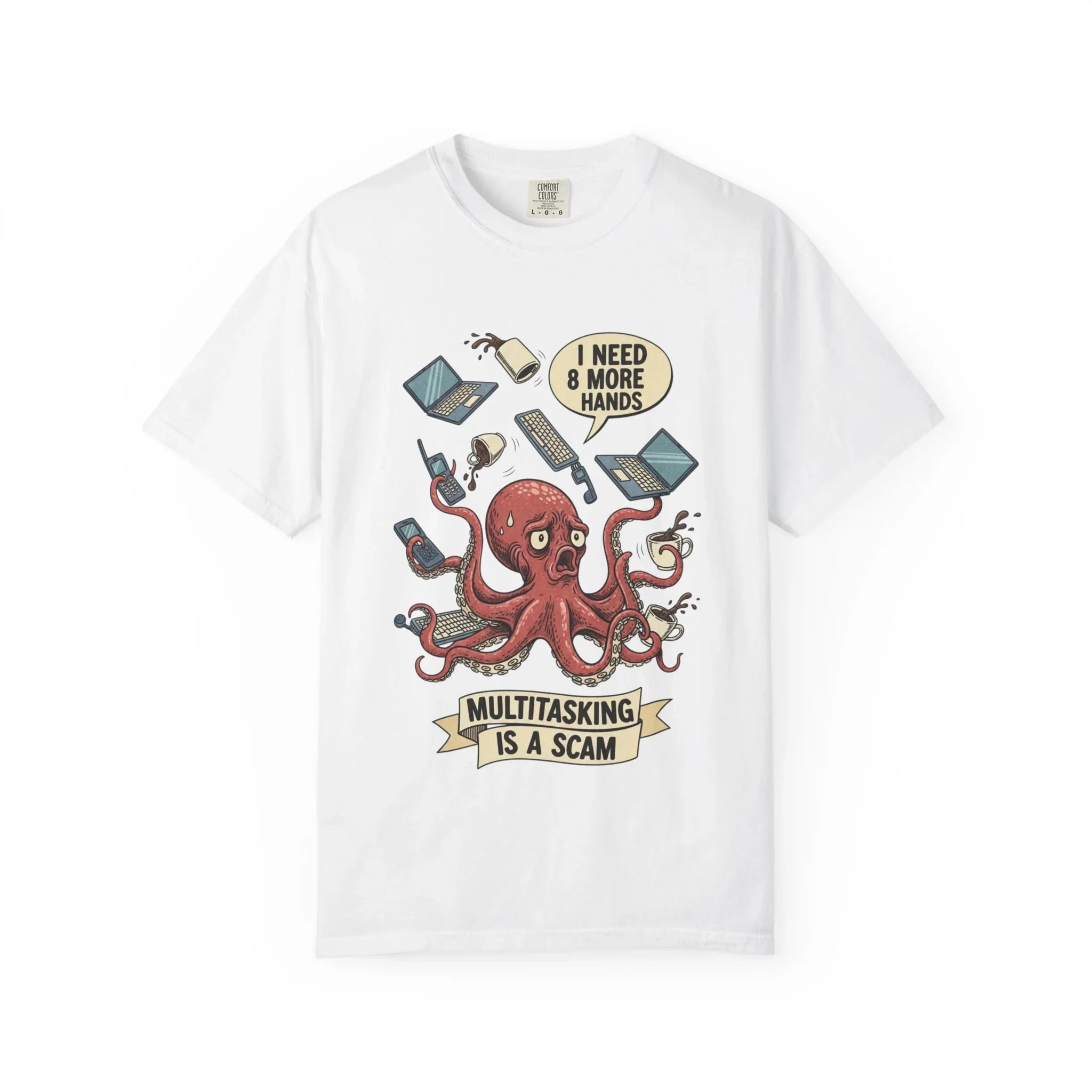 Funny Octopus Shirt - "Multitasking Is A Scam" T-Shirt - Vintage Work Humor Tee - Office Gift for Coworker - Burnout Graphic Tee - Retro Cartoon Top