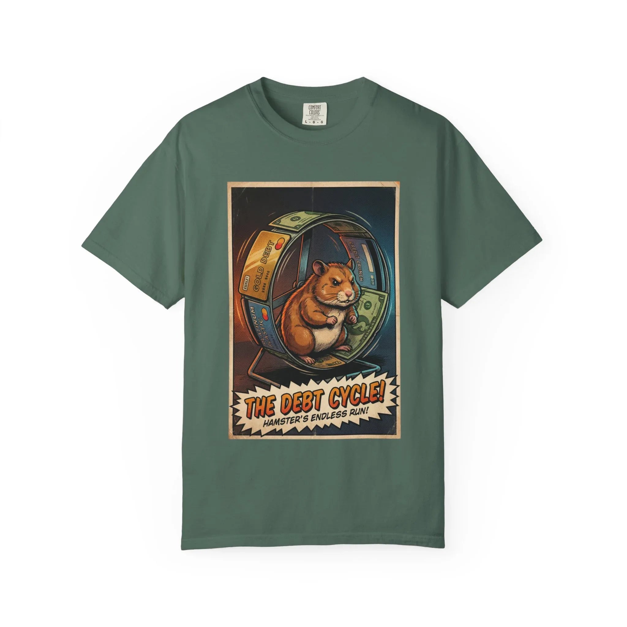 Funny Debt Cycle Hamster Shirt - Retro Comic Satire T-Shirt - Financial Humor Graphic Tee - Vintage Credit Crunch Money Art - Sarcastic Credit Card Debt Gift Blue Spruce