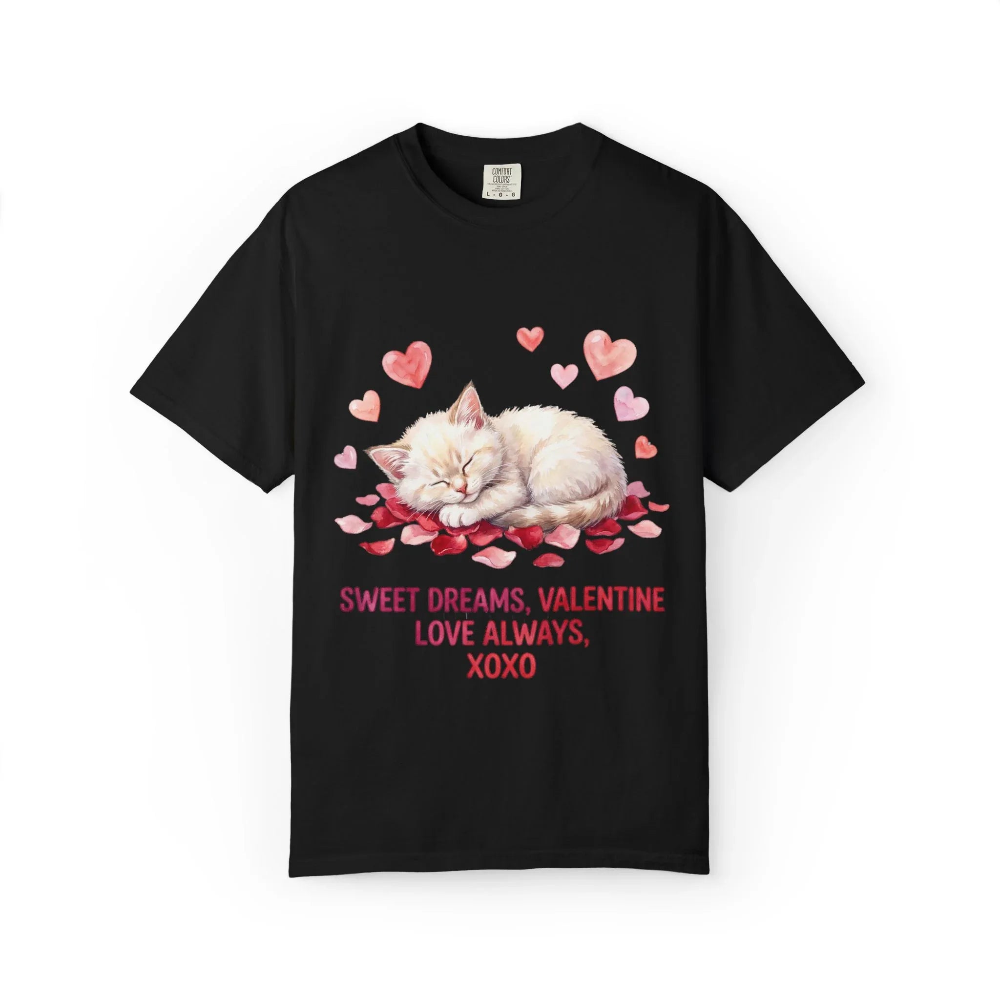 Sweet Dreams Valentine Kitten T Shirt Cute Sleeping Cat Hearts Watercolor Cozy Aesthetic Gift for Cat Lovers Soft VintageCotton Romantic Tee Black