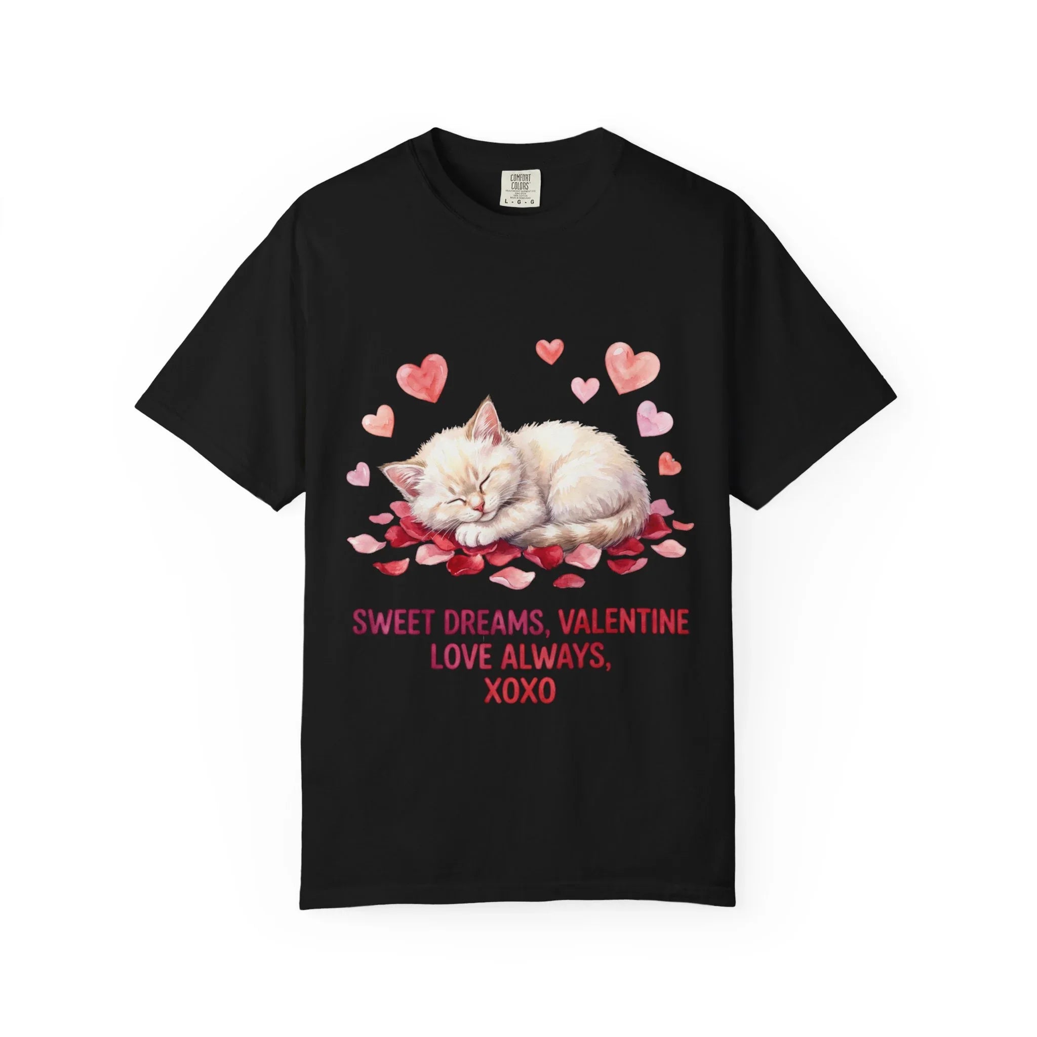 Sweet Dreams Valentine Kitten T Shirt Cute Sleeping Cat Hearts Watercolor Cozy Aesthetic Gift for Cat Lovers Soft VintageCotton Romantic Tee Black
