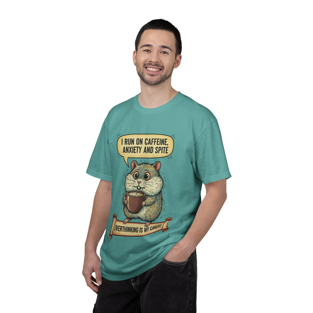 Funny Hamster Coffee Shirt - "Overthinking is My Cardio" T-Shirt - Caffeine Anxiety and Spite Gift - Sarcastic Mental Health Graphic Tee - Retro Jittery Hamster Overthinker Gift