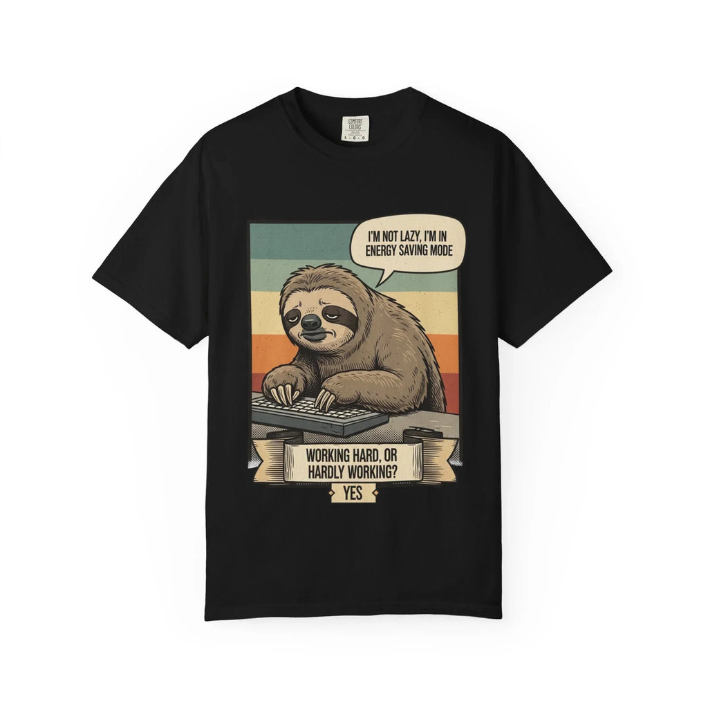Funny Sloth Shirt - "I'm In Energy Saving Mode" T-Shirt - Office Humor Gift for Coworker - Lazy Animal Tee - Work From Home Graphic Tee - Retro Style Sloth Top Black