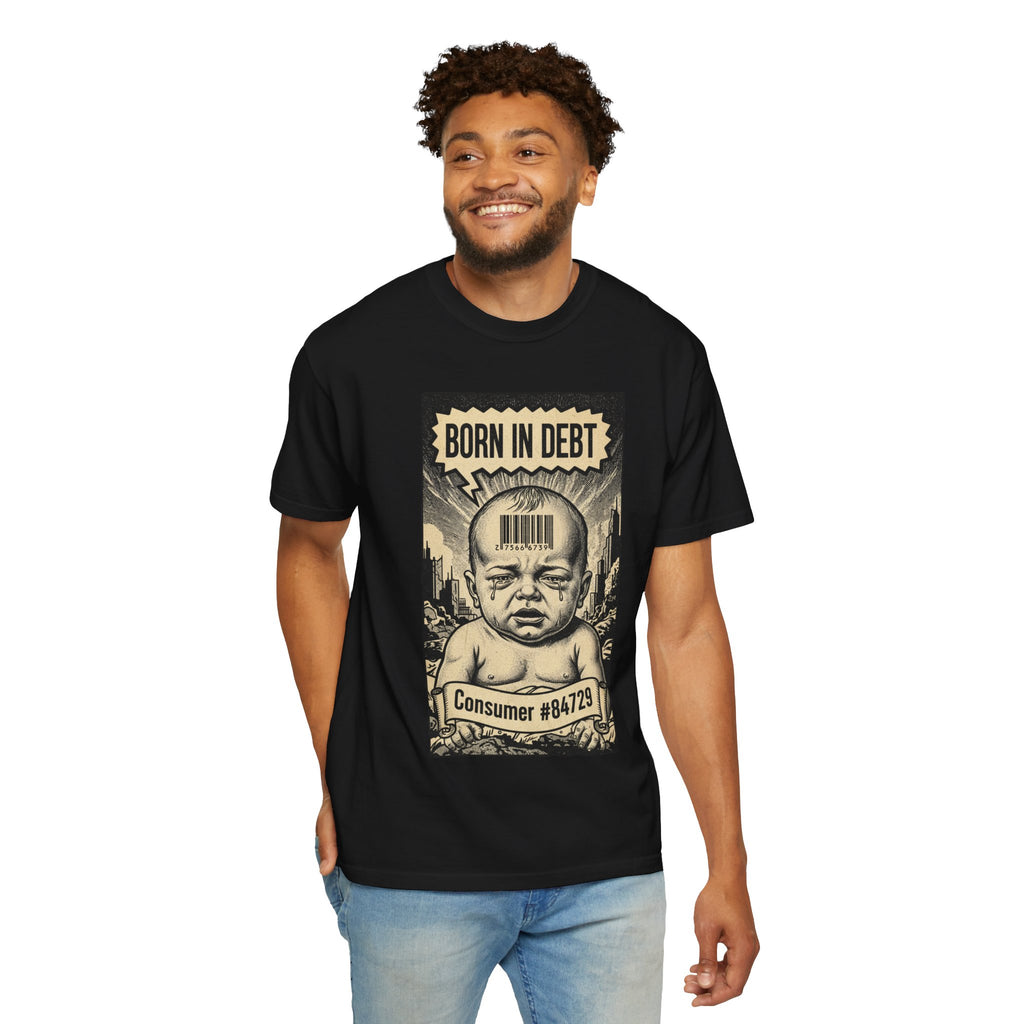 Born in Debt Shirt - Consumer Culture Satire T-Shirt - Financial Debt Awareness Tee - Vintage Comic Graphic - Sarcastic Social Commentary Gift