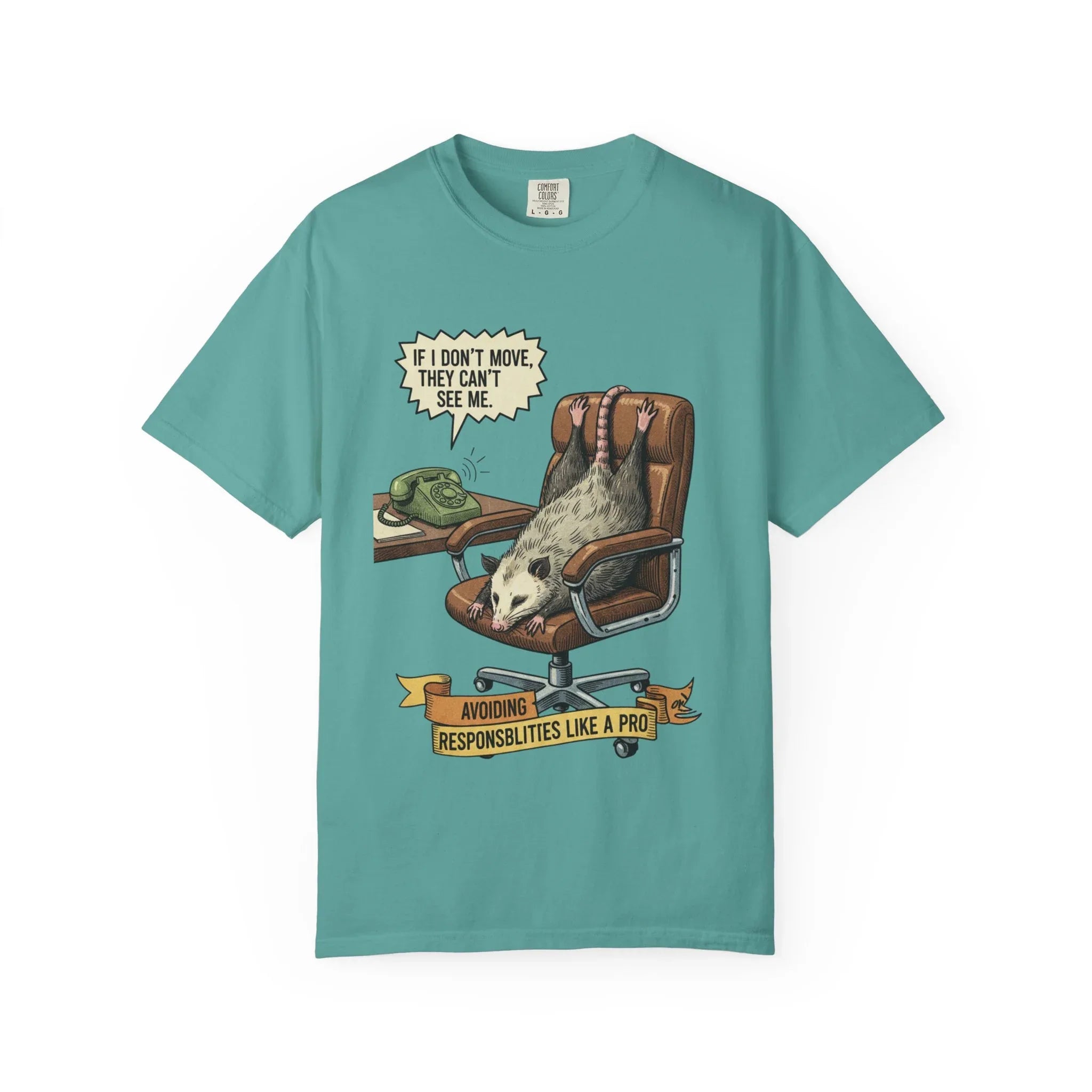 Funny Opossum Shirt - Procrastination Gift - Office Humor Tee - Introvert Sweatshirt - "Avoiding Responsibilities Like A Pro" - Vintage Opossum Illustration - Social Anxiety Top Seafoam