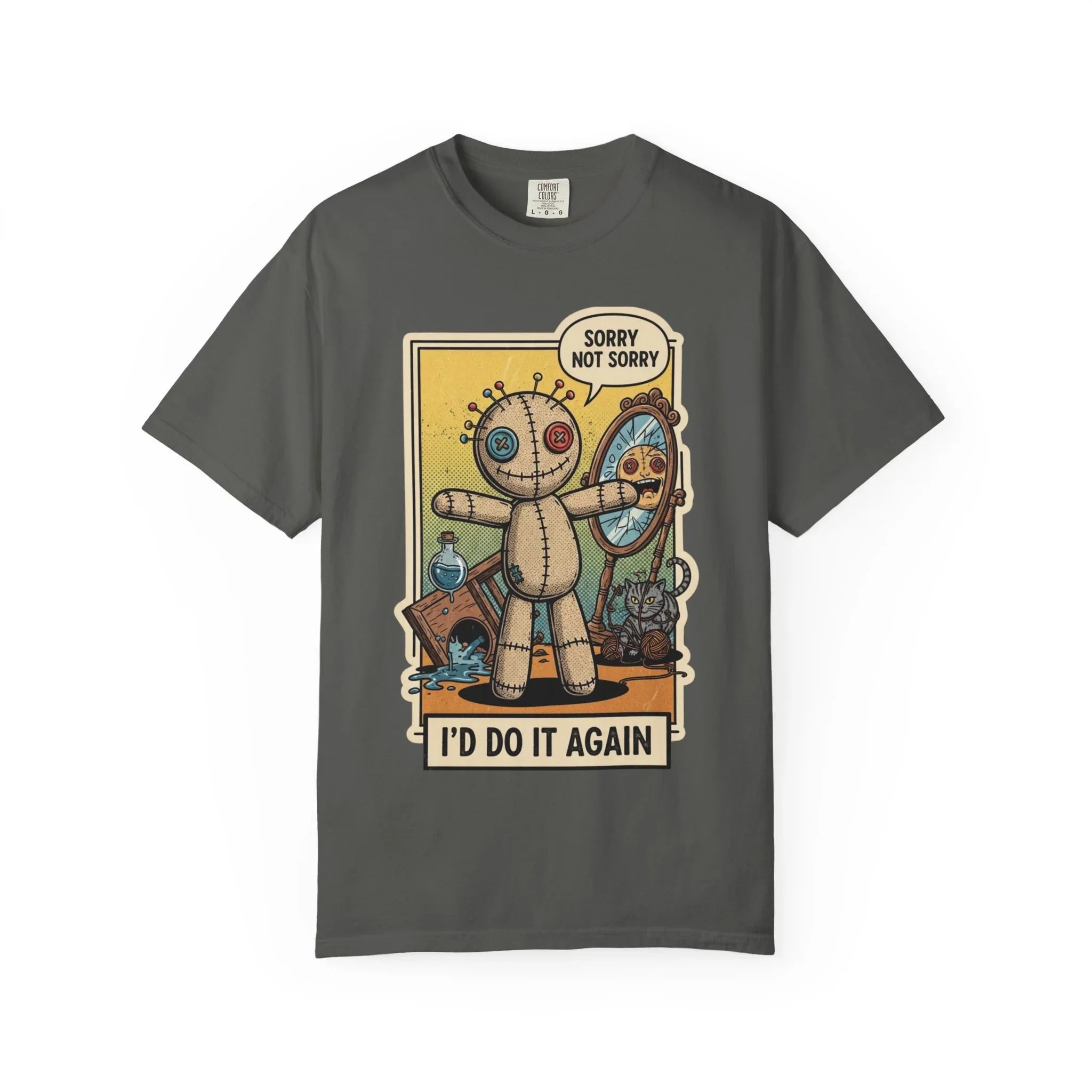 Sorry Not Sorry Voodoo Doll Shirt - Sarcastic "I'd Do It Again" Graphic Tee - Retro Comic Dark Humor T-Shirt - Vintage Black Cat Aesthetic Streetwear - Unapologetic Mood Gift Pepper
