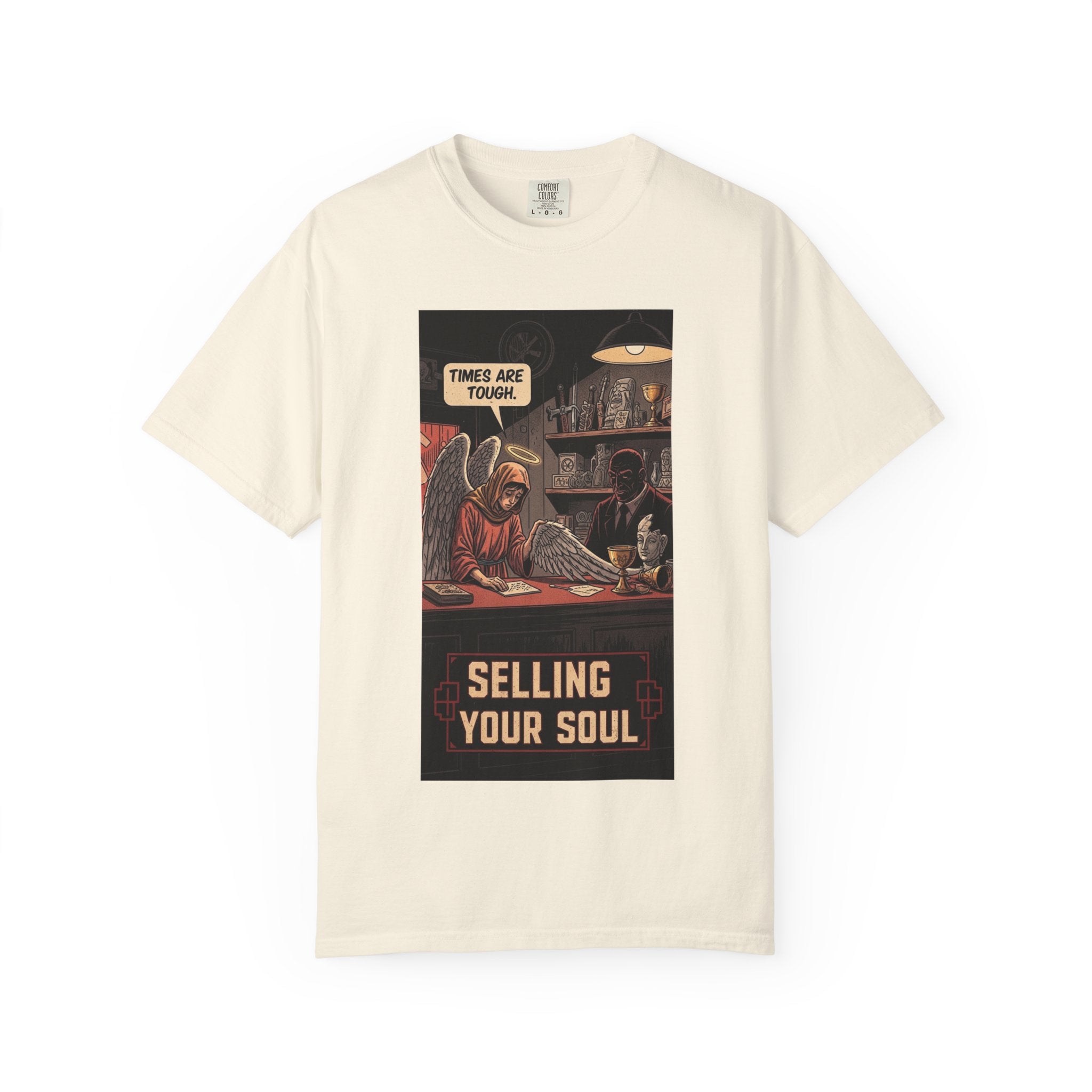 Selling Your Soul Shirt - Vintage Pawn Shop Satire Tee - Angel Social Commentary T-Shirt - Dark Humor Philosophy Gift - Retro Comic Graphic Apparel Ivory