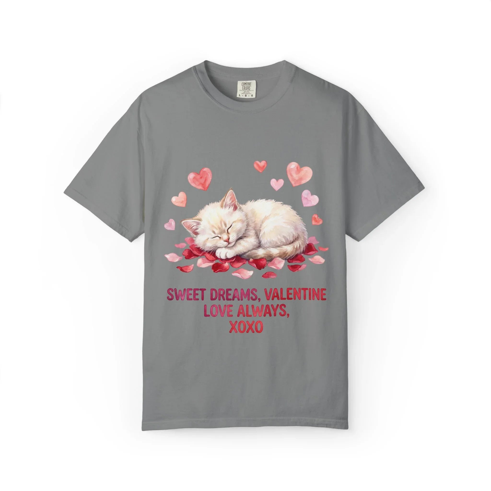 Sweet Dreams Valentine Kitten T Shirt Cute Sleeping Cat Hearts Watercolor Cozy Aesthetic Gift for Cat Lovers Soft VintageCotton Romantic Tee Grey