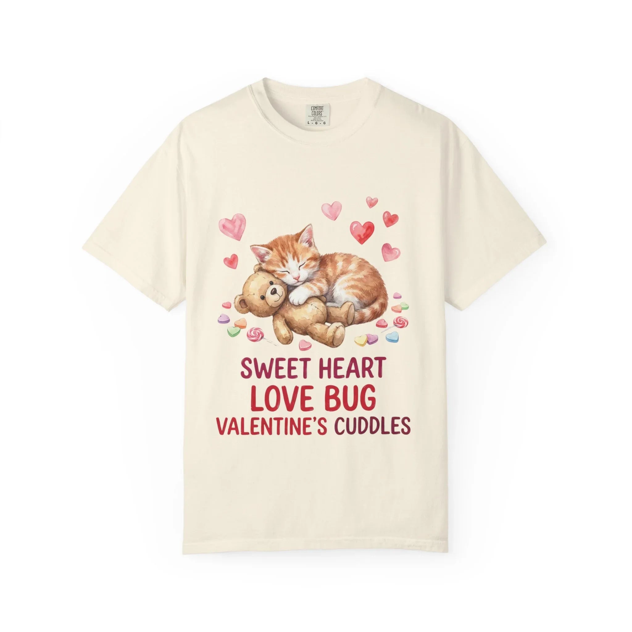 Sleeping Kitten with Teddy Bear Valentine T-Shirt | Sweetheart Love Bug Cuddles | Cozy Vintage Aesthetic | Cute Romantic Gift Ivory