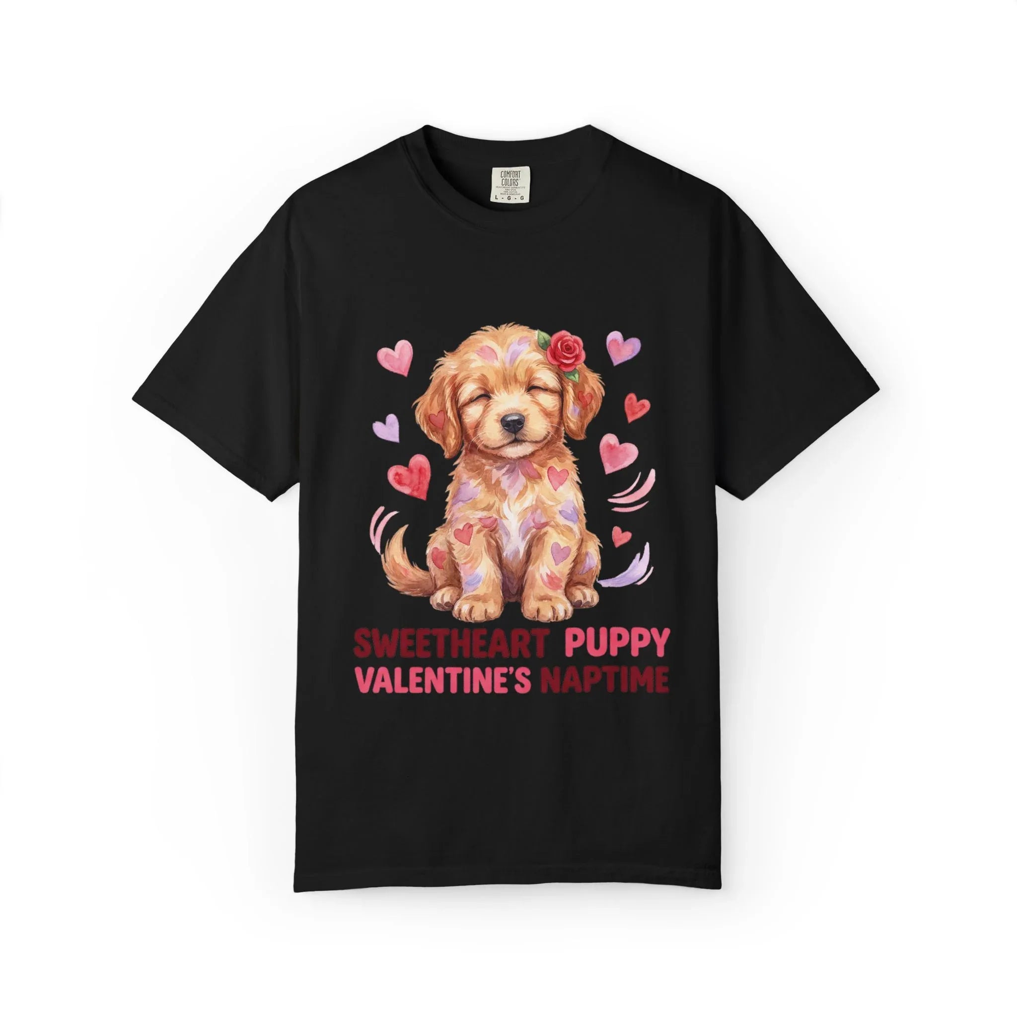Sweetheart Puppy Valentines Naptime T Shirt Cute Watercolor Dog Art Cozy Vintage Aesthetic Gift for Dog Lovers Soft Cotton Retro Valentines Black
