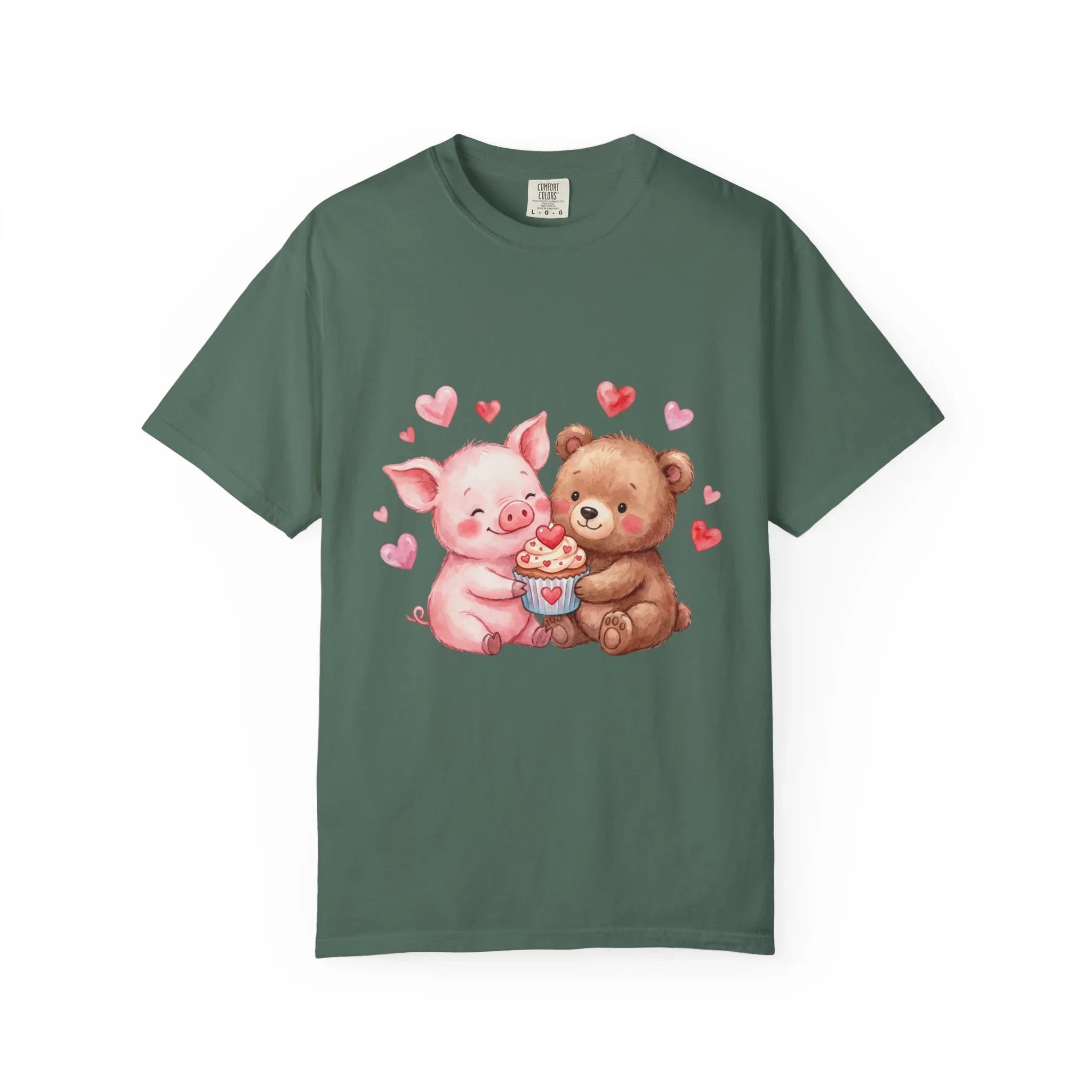 Cute Pig Bear Heart Cup Valentine T Shirt Watercolor Cozy Vintage Aesthetic Gift Animal Lovers Soft Cotton Romantic Tee Blue Spruce