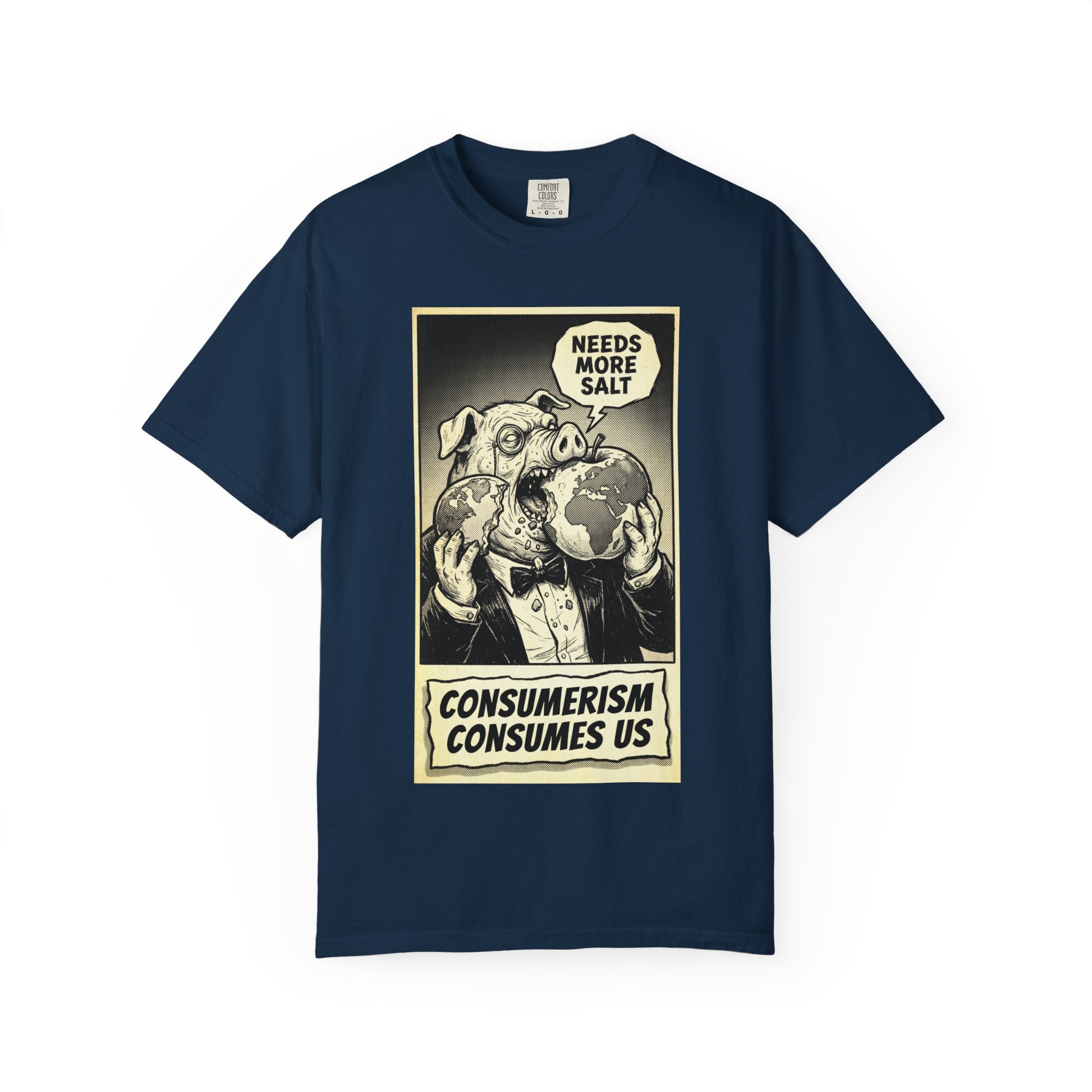 Consumerism Consumes Us T-Shirt | Vintage Satire Corporate Pig Graphic Tee | Anti-Capitalism Activist Apparel True Navy