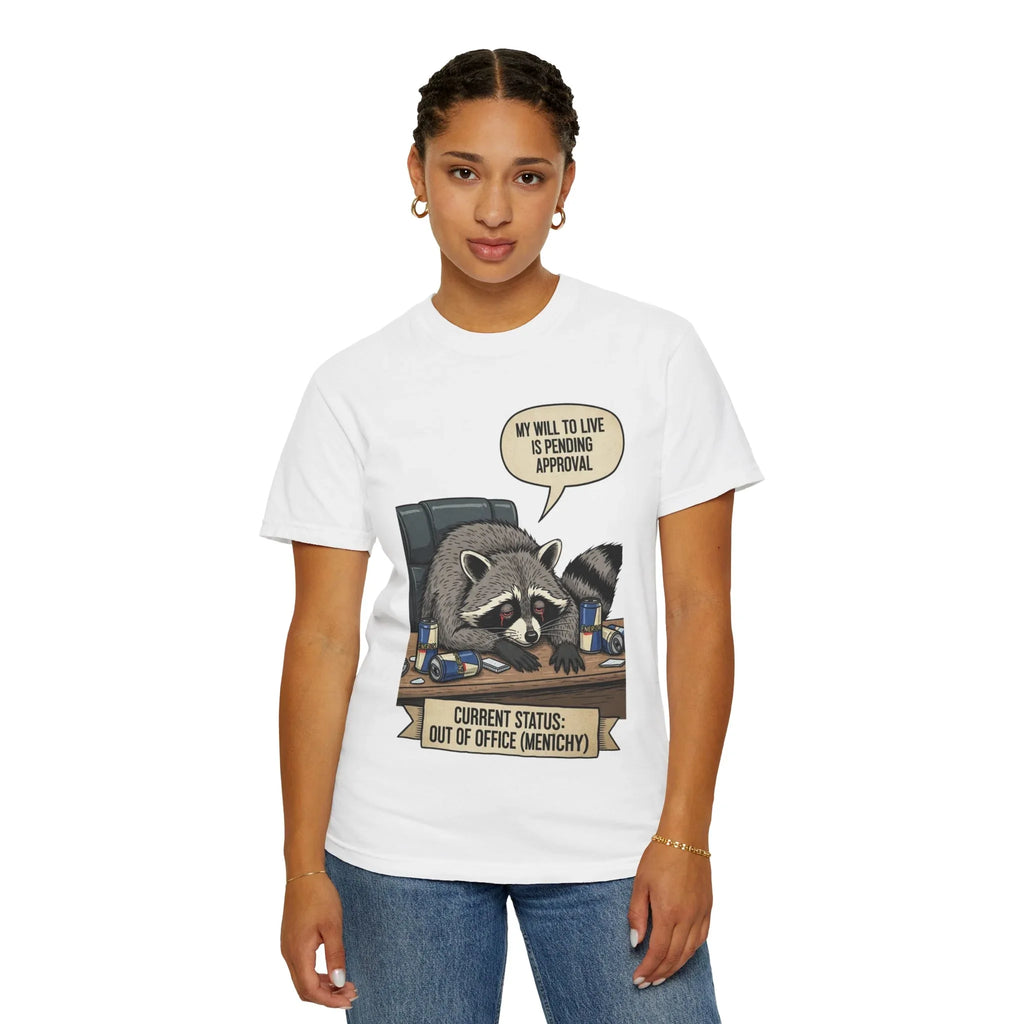 Funny Raccoon Shirt - "My Will To Live Is Pending Approval" Tee - Sarcastic Office Humor Gift - Out of Office Mentally T-Shirt - Retro Corporate Survival Graphic Shirt