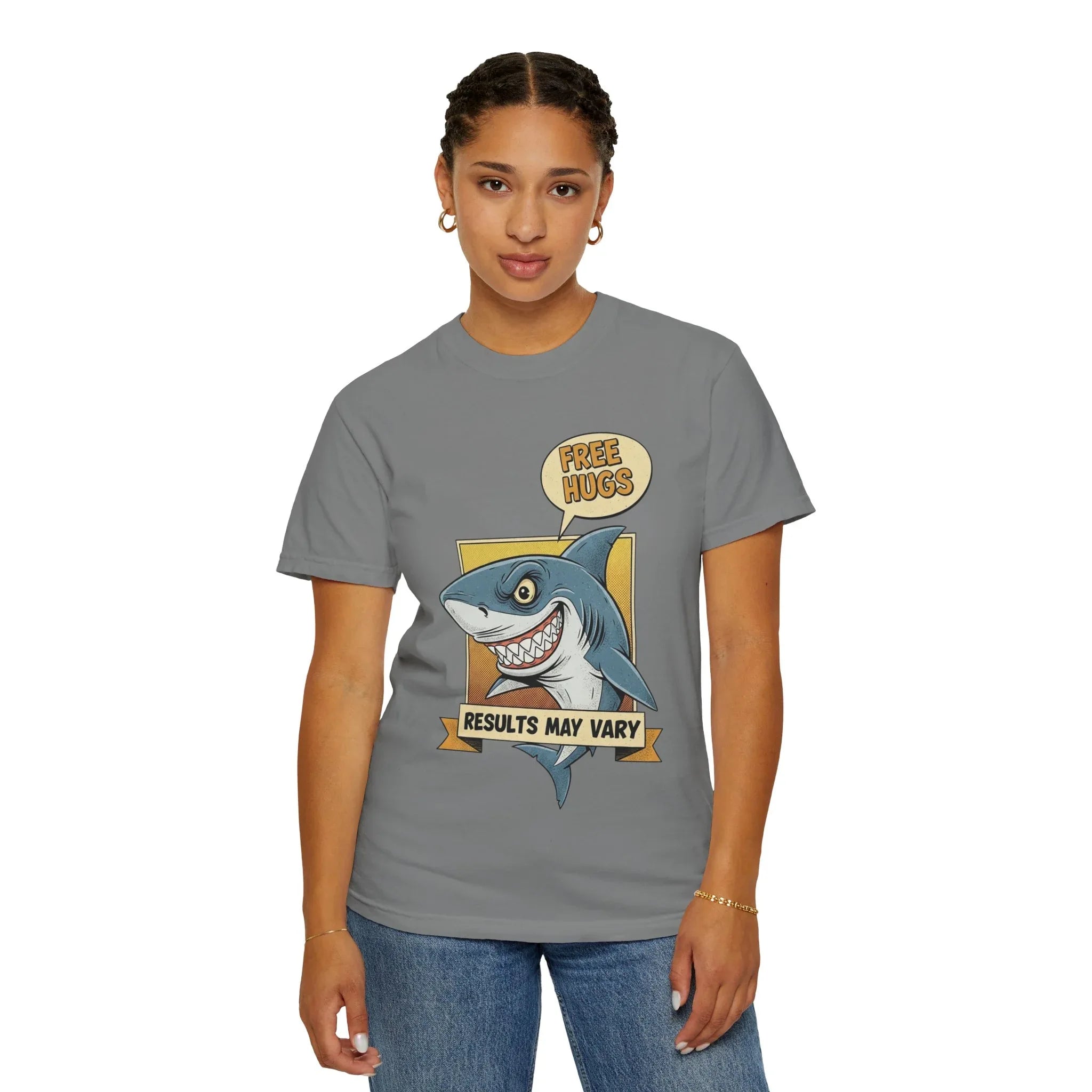 Funny Shark Shirt - "Free Hugs" Sarcastic Vintage Graphic Tee - Results May Vary Dark Humor Gift - Retro Great White Shark Top - Men's & Women's Dad Joke Clothing Grey