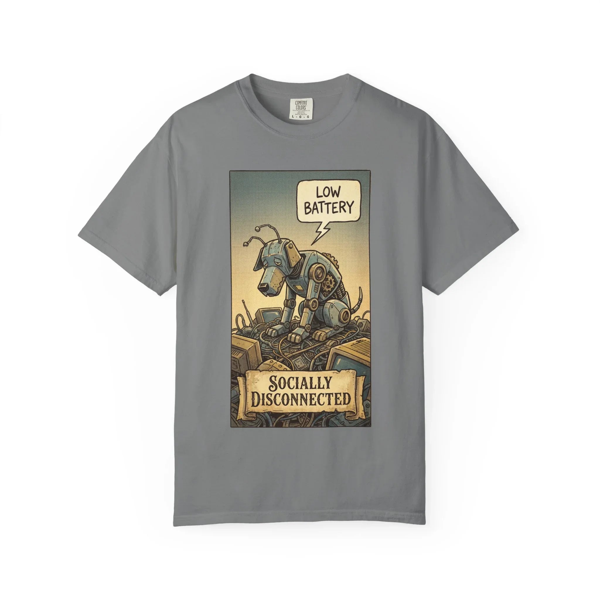 Socially Disconnected Robot Dog Shirt - Vintage Retro Comic Tee - Social Battery Introvert Gift - Satirical Humor Aesthetic T-Shirt - Relatables Low Battery Robot Graphic Tee Grey