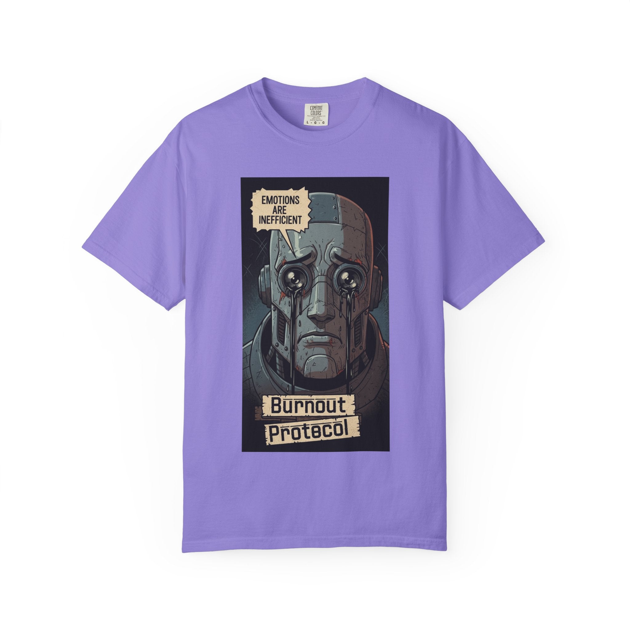 Burnout Protocol Robot Shirt Retro Comic Graphic Tee Sarcastic Android Emotions Are Inefficient Top Vintage Tech Gift for Engineers Violet