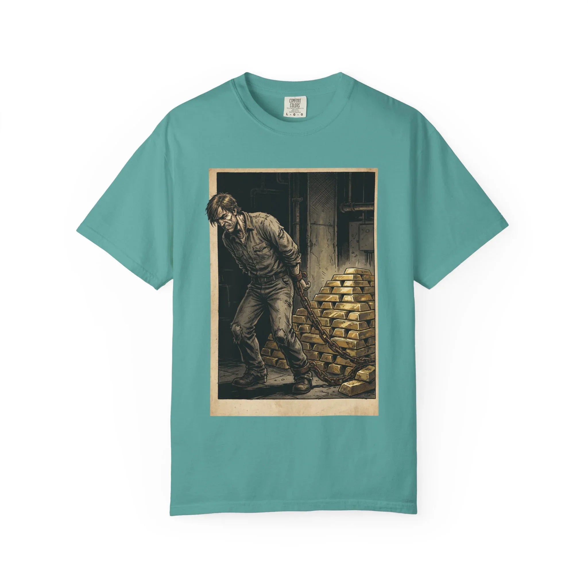 Heavy Gold Chains Satirical Shirt - Gritty Comic Art Tee - "Golden Burden" Wealth Trap Graphic - Vintage Prisoner of Greed Gift - Dark Humor Satire Streetwear Seafoam
