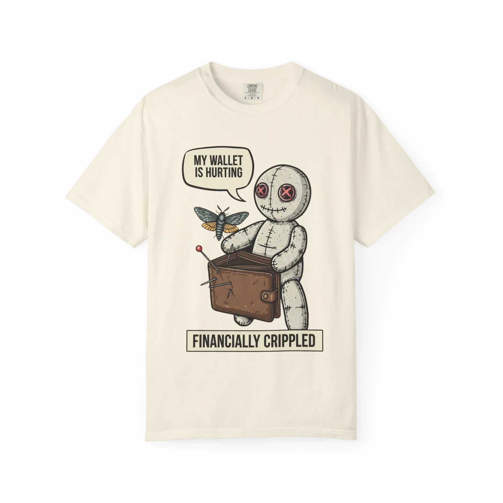 Funny Voodoo Doll Broke Life Shirt - Sarcastic "Financially Crippled" Graphic Tee - Retro Dark Humor Wallet T-Shirt - Vintage Aesthetic Streetwear Gift - Relatable Financial Struggle Mood Shirt Ivory