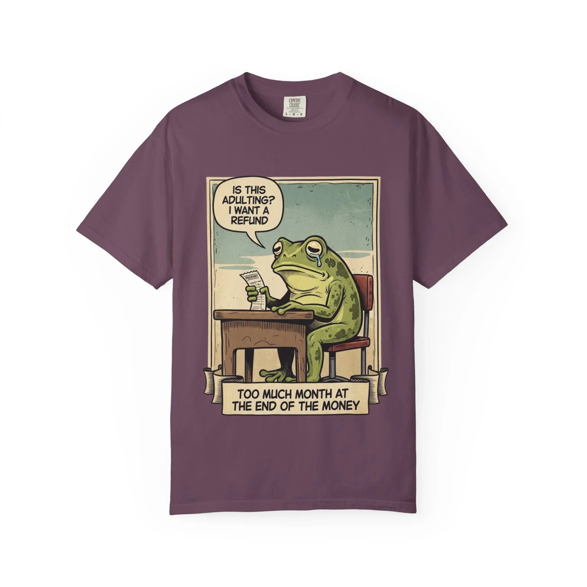 Funny Adulting Shirt - Sad Frog Meme Hoodie - "Too Much Month at the End of My Money" Sweatshirt - Vintage Aesthetic Millennial Financial Humor - Relatable Broke Friend Gift Berry M