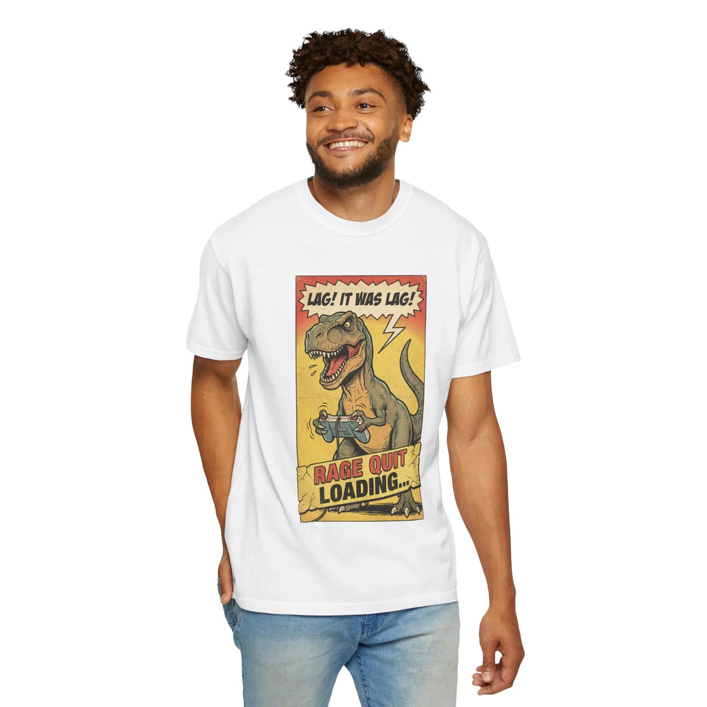 Funny Gamer T-Rex Shirt - "Lag! It Was Lag!" Retro Gaming Tee - Sarcastic Rage Quit Loading Dinosaur T-Shirt - Vintage Console Gamer Gift - Funny Video Game Graphic Apparel