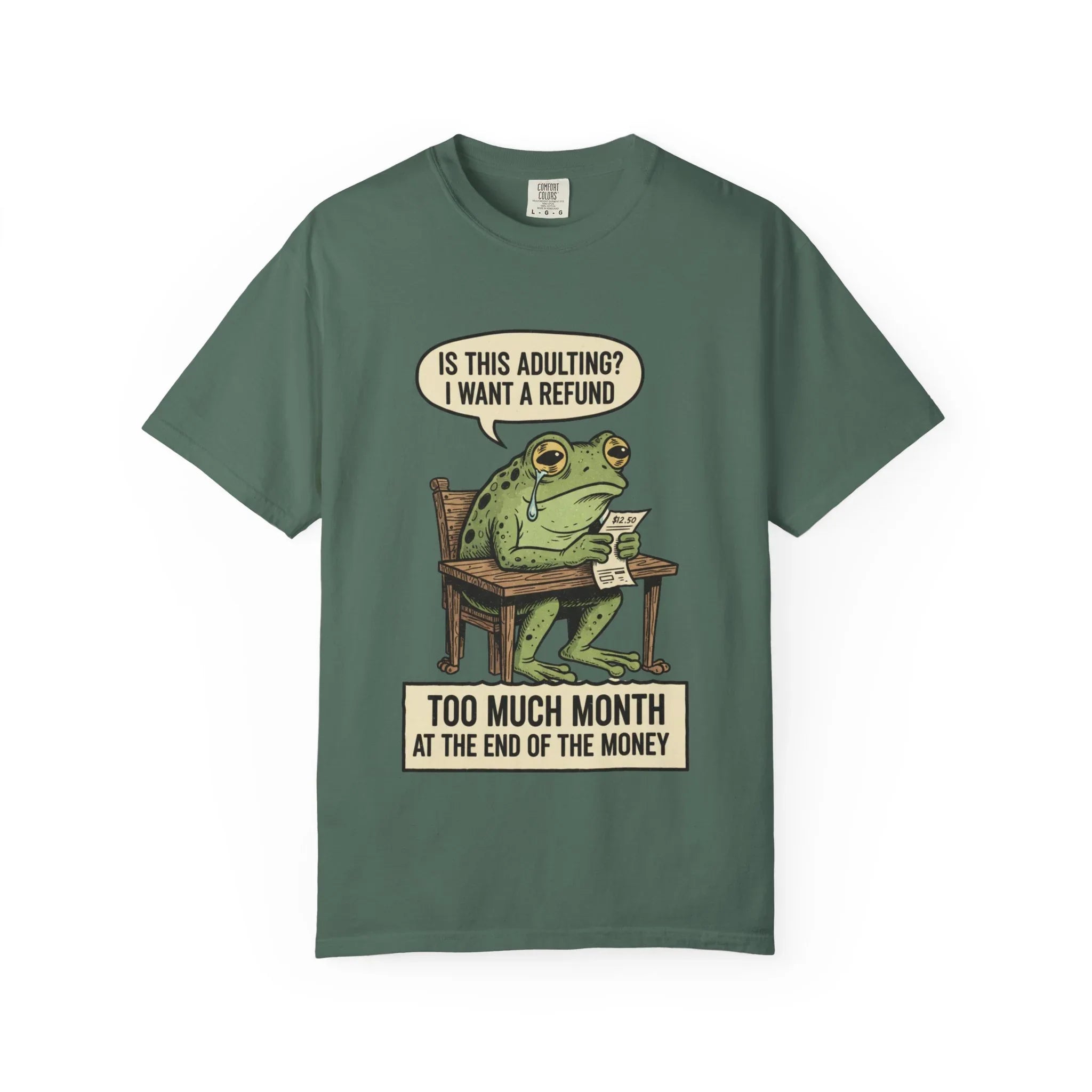 Funny Adulting Shirt - Sad Frog Hoodie - "I Want A Refund On Adulting" Tee - Broke Meme Gift - Financial Humor T-Shirt - Vintage Animal Art Millennial Top Blue Spruce