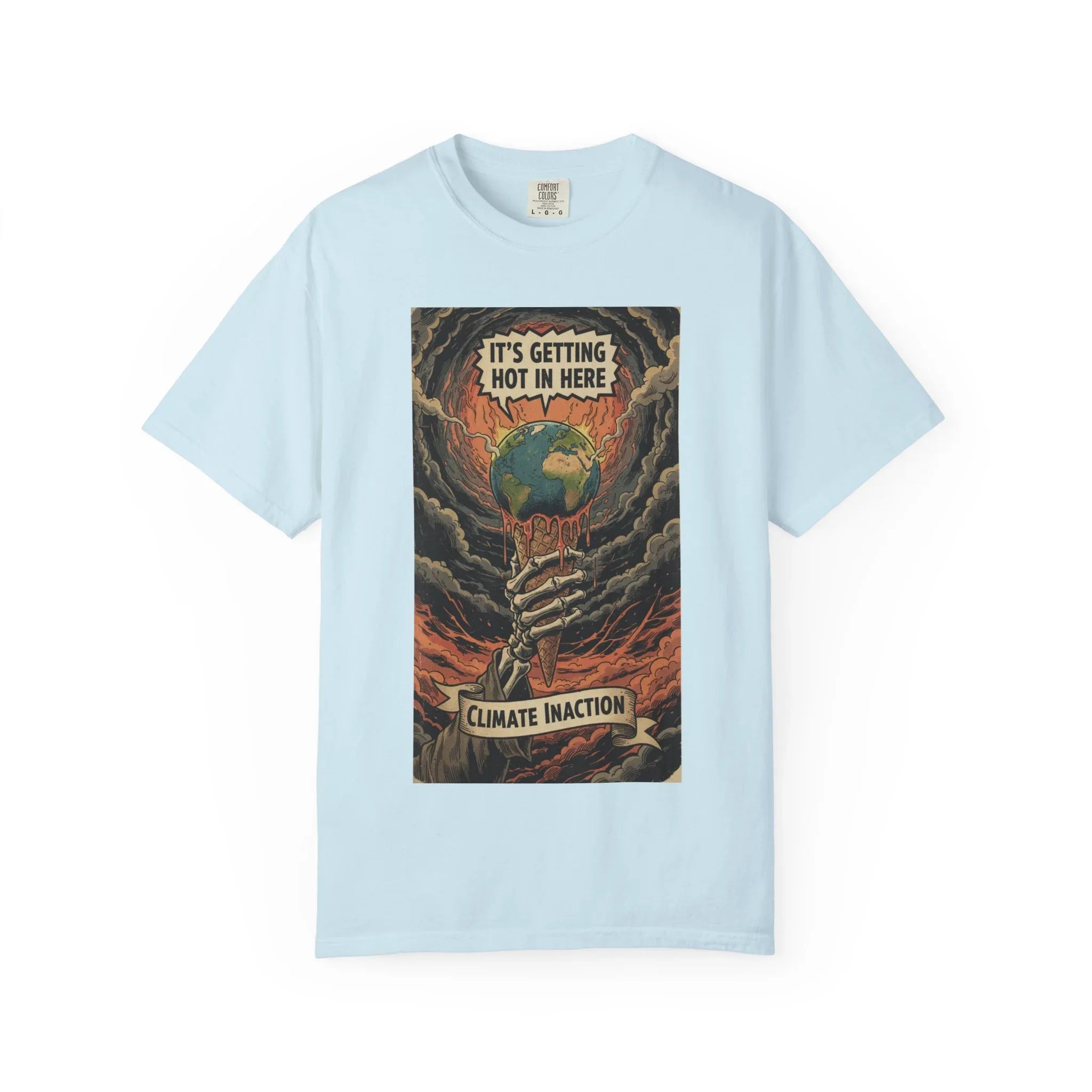 Climate Inaction Skeleton Melting Earth Shirt - Vintage Graphic Global Warming Activist Tee - Retro Aesthetic Sarcastic Eco-Friendly Gift - Heavyweight Garment-Dyed Unisex T-shirt Chambray