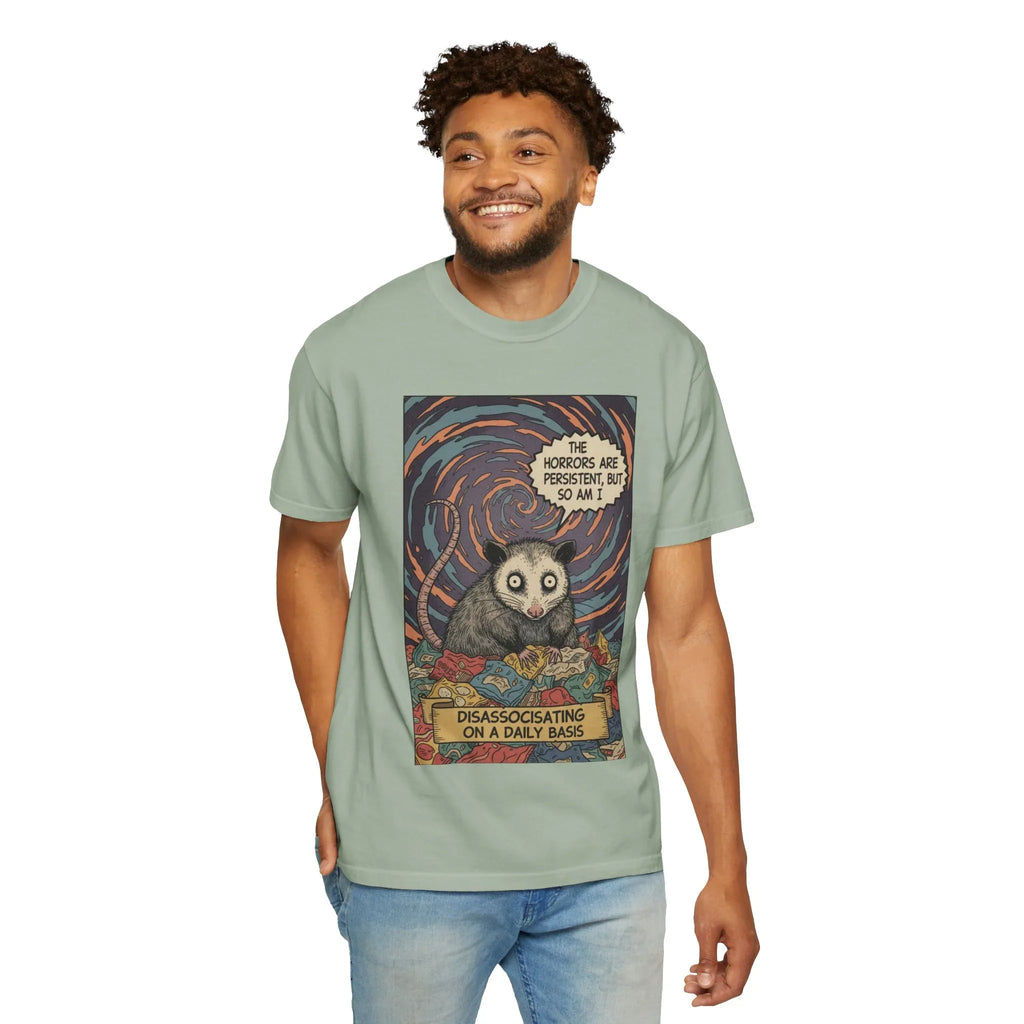 Funny Opossum Shirt The Horrors Are Persistent But So Am I T-Shirt Dissociating Daily Meme Gift Retro Possum Art Weirdcore Graphic Tee
