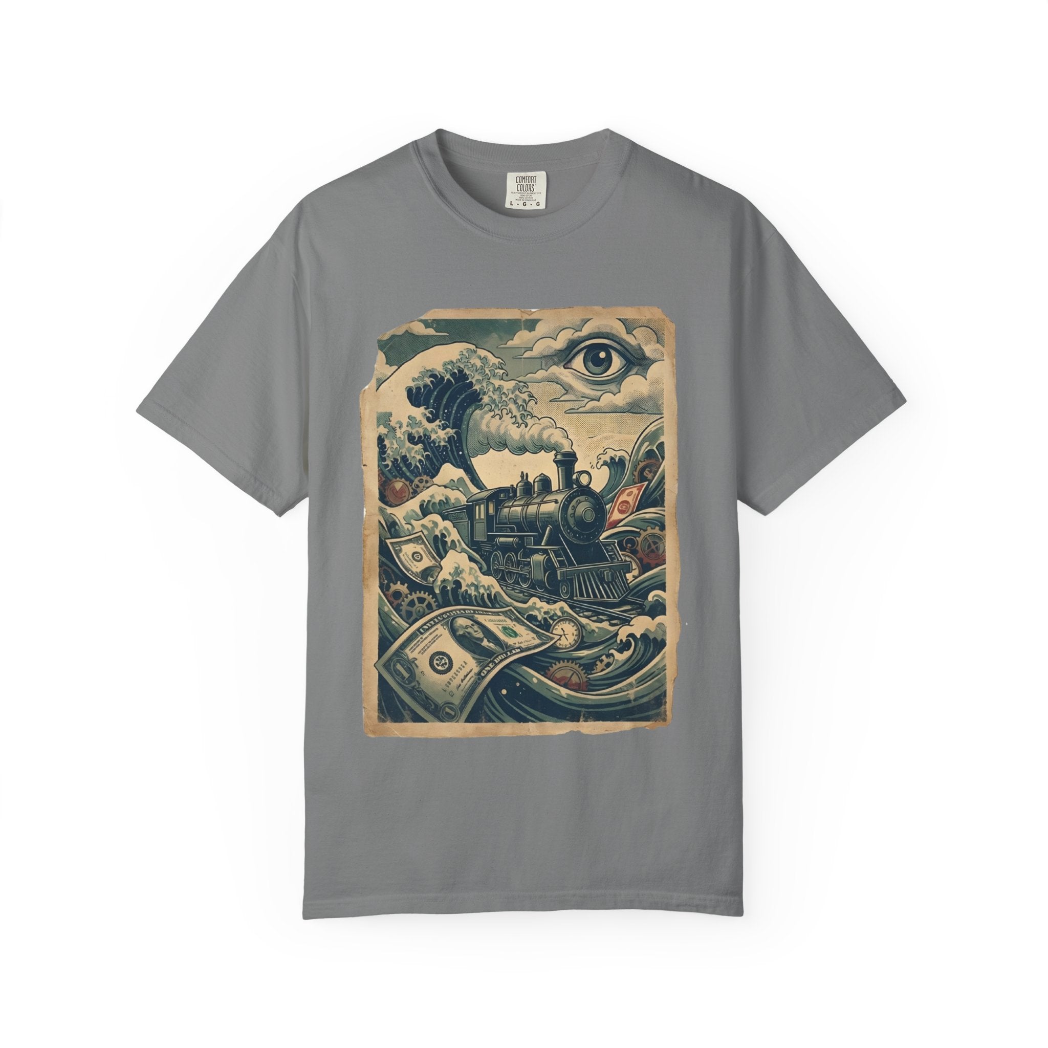 Financial Tsunami T-Shirt - Steam Train Economic Crisis Tee - Vintage Surrealist Satire Shirt - Sarcastic Money Wave Graphic Grey