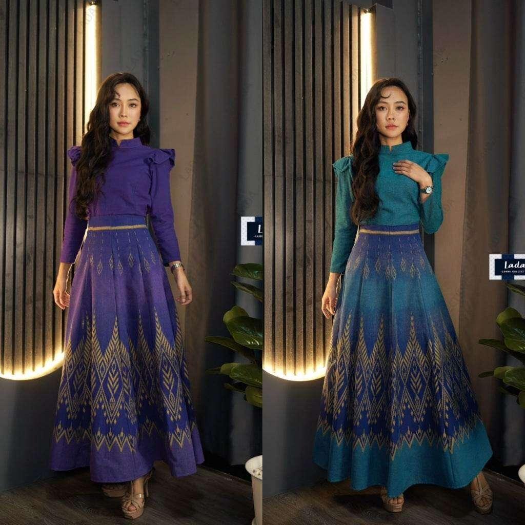 8-Piece High-Waisted Pine Print Skirt | Cotton Thai Pattern Skirt for Women | Sizes 26–32” Waist