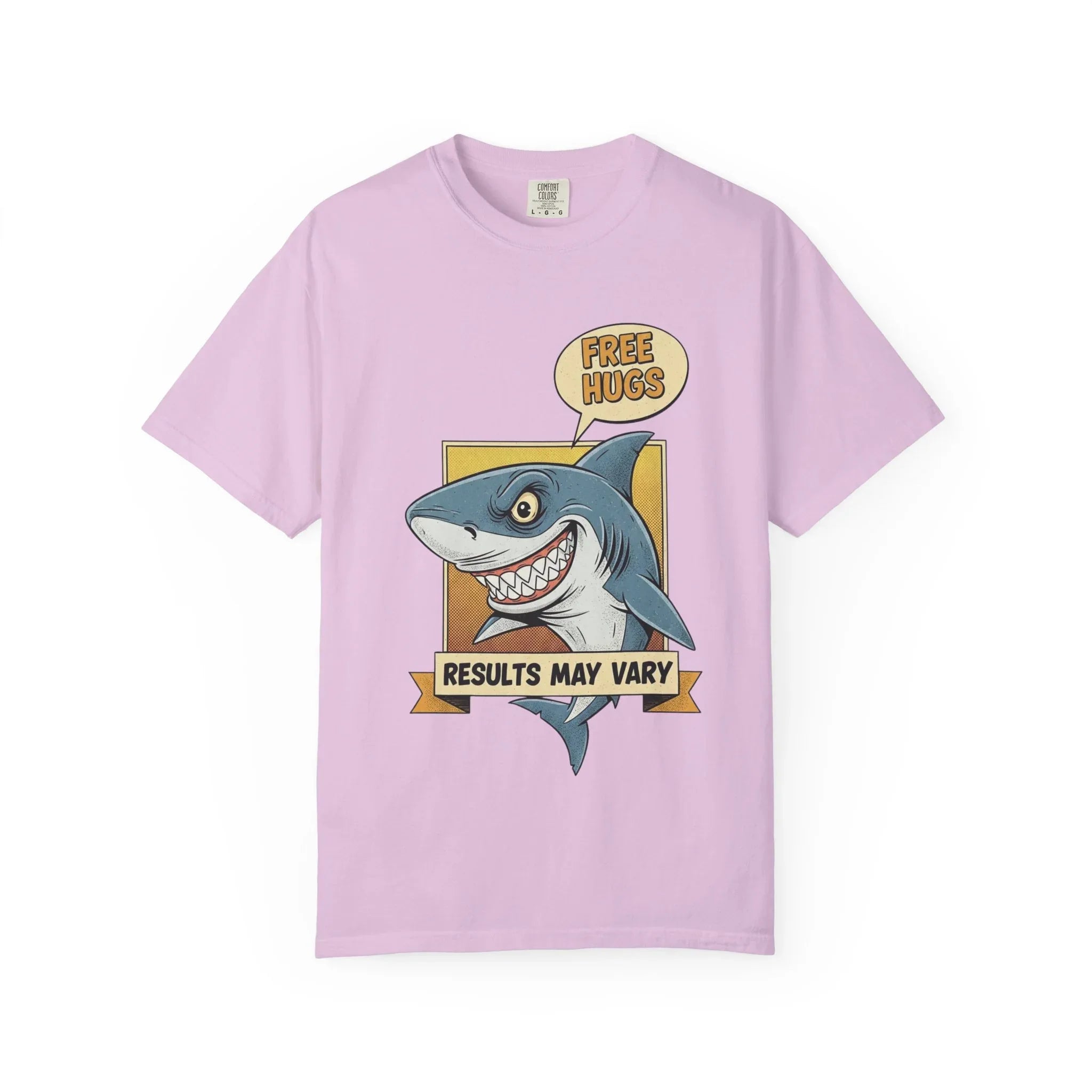 Funny Shark Shirt - "Free Hugs" Sarcastic Vintage Graphic Tee - Results May Vary Dark Humor Gift - Retro Great White Shark Top - Men's & Women's Dad Joke Clothing Orchid
