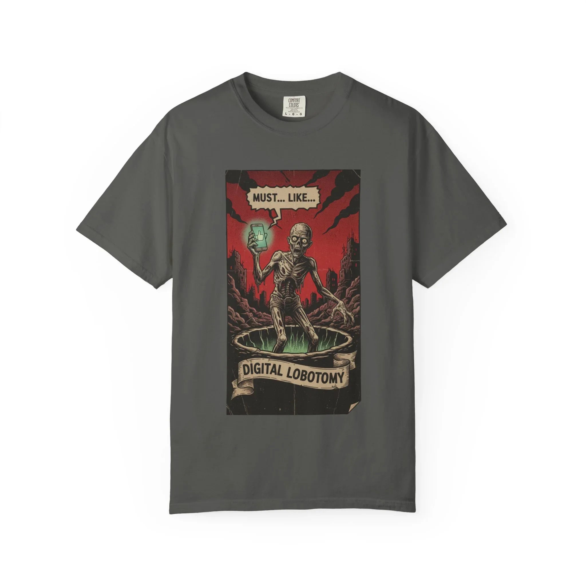 Digital Lobotomy Shirt - Vintage Horror Zombie T-Shirt - Social Media Satire Tee - Retro Comic Style Graphic Shirt - Smartphone Addict Dark Humor Gift - Tech Skeptic Streetwear Pepper