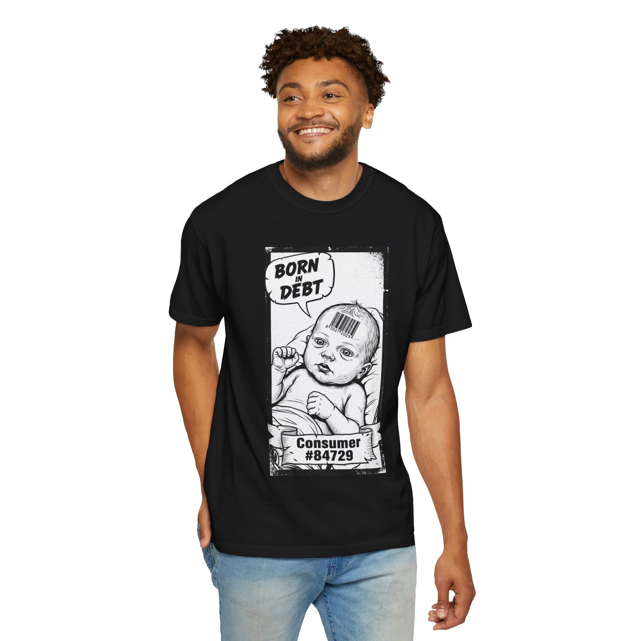Born In Debt Shirt Social Satire Tee Anti Capitalism Gift Edgy Grunge Clothing Consumerism Barcode Graphic Retro Comic Art Shirt