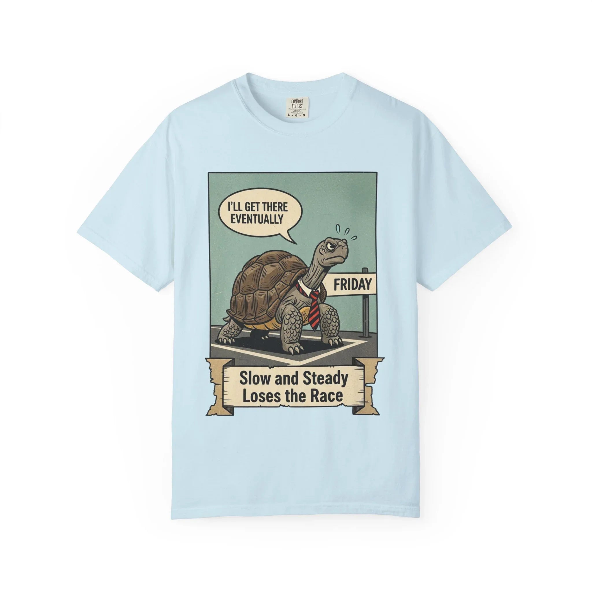 Funny Friday Shirt - Office Humor T-Shirt - Corporate Turtle Tee - Weekend Vibes Gift - "Slow and Steady Loses the Race" - Retro Animal Art Work Sarcasm Top Chambray
