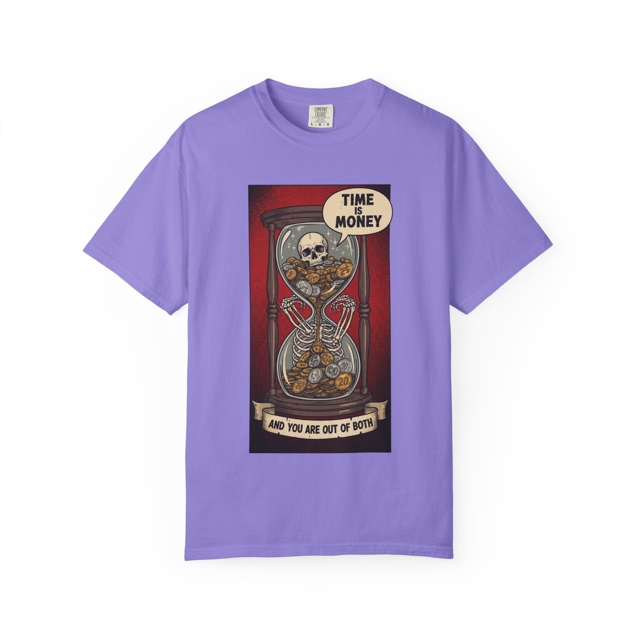 Time is Money and You Are Out of Both Skeleton T-Shirt Vintage Hourglass Skull Graphic Tee Dark Humor Sarcastic Aesthetic Shirt Violet