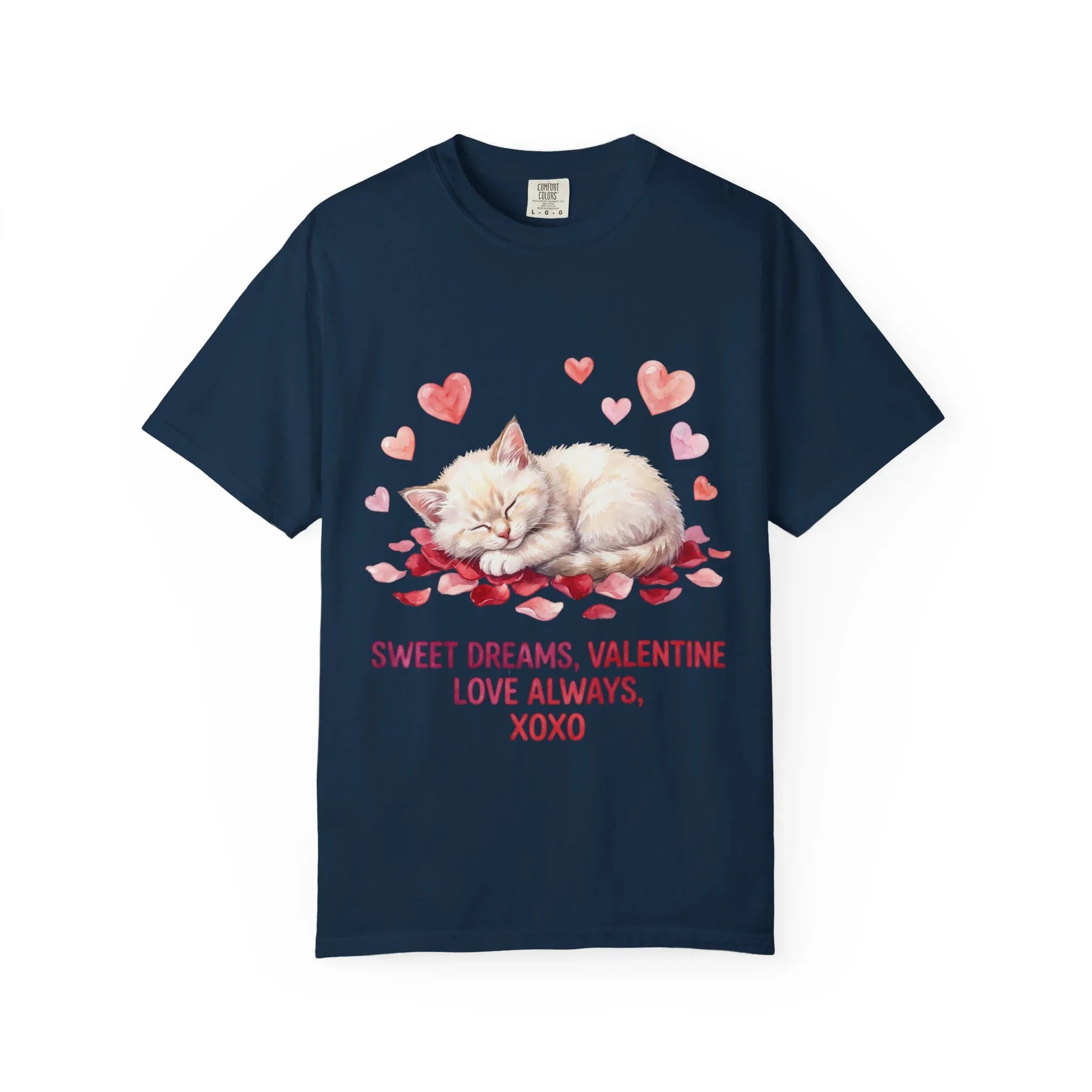 Sweet Dreams Valentine Kitten T Shirt Cute Sleeping Cat Hearts Watercolor Cozy Aesthetic Gift for Cat Lovers Soft VintageCotton Romantic Tee True Navy