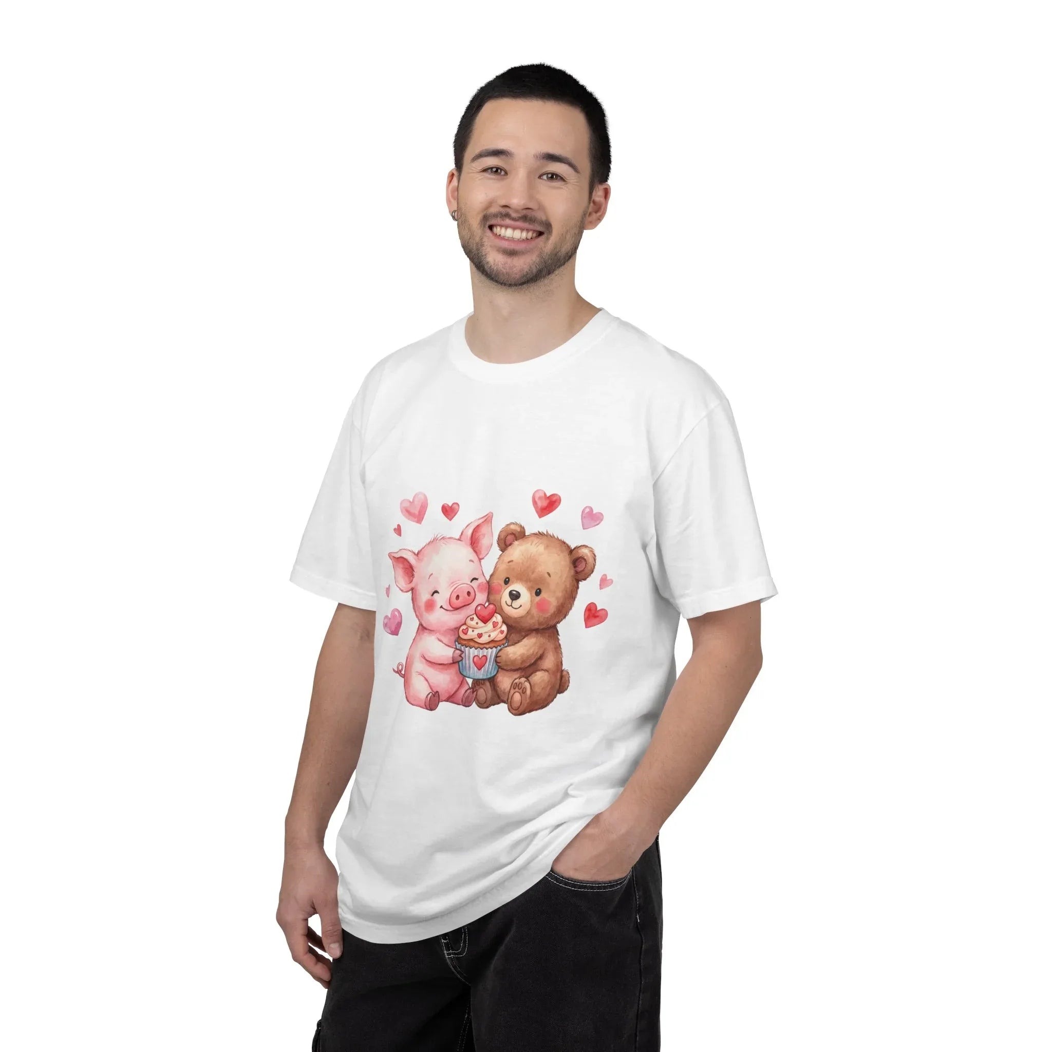 Cute Pig Bear Heart Cup Valentine T Shirt Watercolor Cozy Vintage Aesthetic Gift Animal Lovers Soft Cotton Romantic Tee