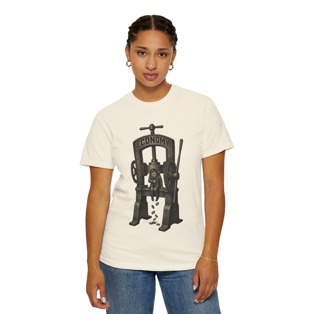 Vintage "ECONOMY" Press T-Shirt | Retro Industrial Satire Graphic Tee | Hand-Drawn Woodcut Style Socio-Economic Statement Shirt