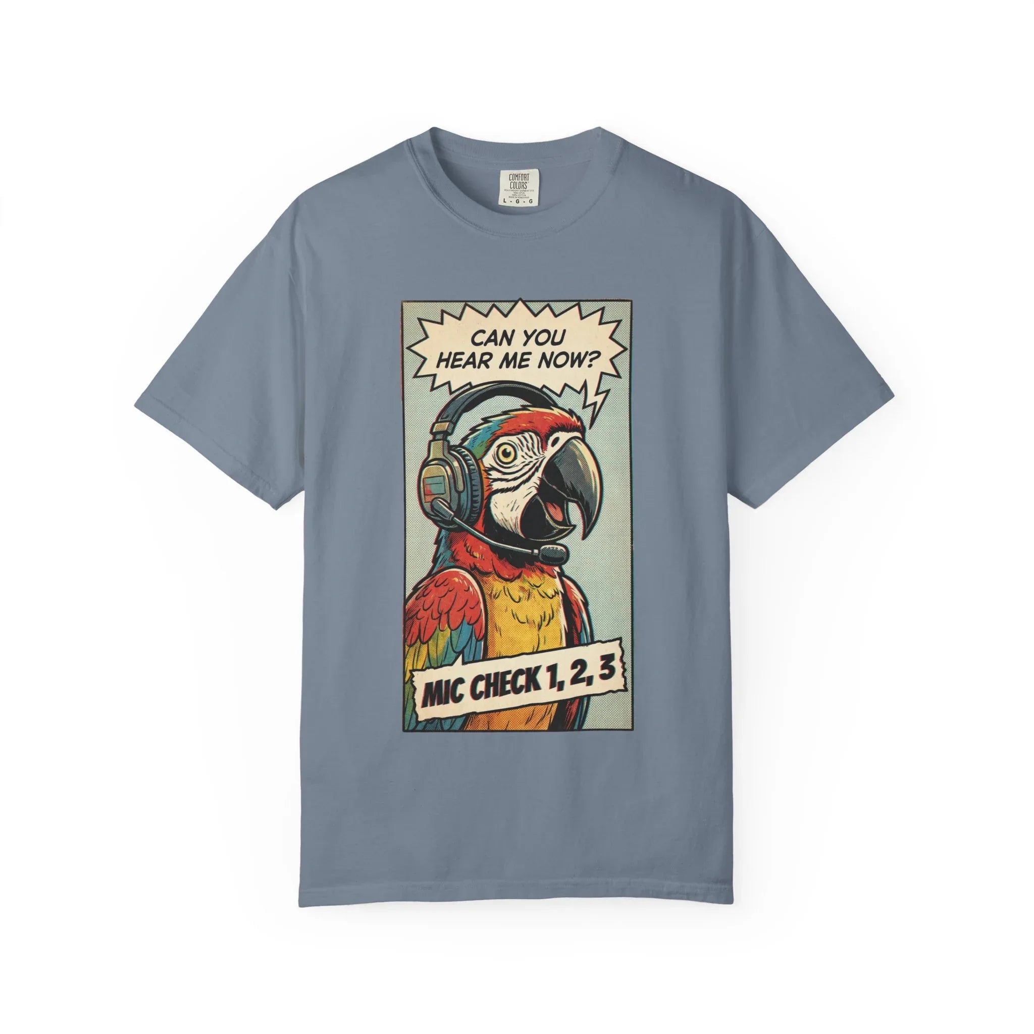 Funny Parrot Gamer Shirt - Vintage Comic Pop Art T-Shirt - Retro Macaw Bird "Mic Check" Graphic Tee - Sarcastic Podcast & Streamer Gift - Aesthetic Bird Lover Streetwear Blue Jean